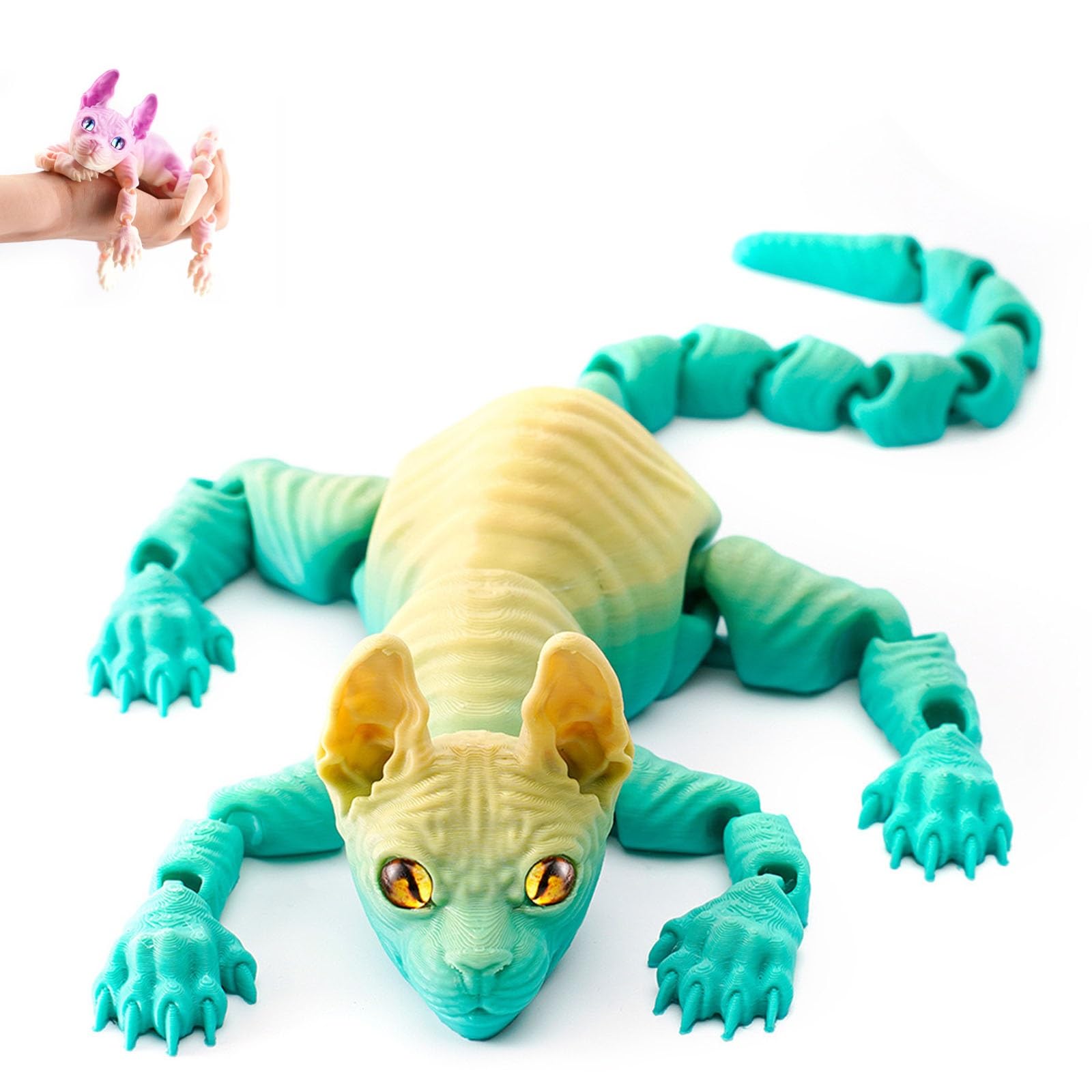 Mystic Meow – 3D Guardian Cat, 3D Printed Cute Hairless Cat, Realistic Flexible Articulated Joints Animal Figurine, Gifts for Cats Lovers, Fantasyfans and Creatives(Rainbow 1,22cm)