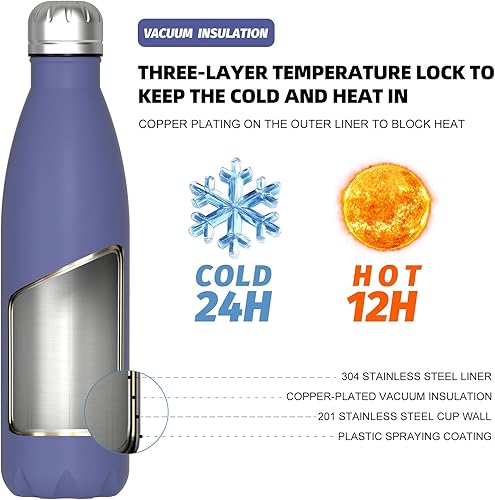 Miniatura 2 de WATERSY Botellas de agua de acero inoxidable, botellas de agua aisladas de 17 onzas 16.9 fl oz, botella de agua de metal azul profundo que mantiene