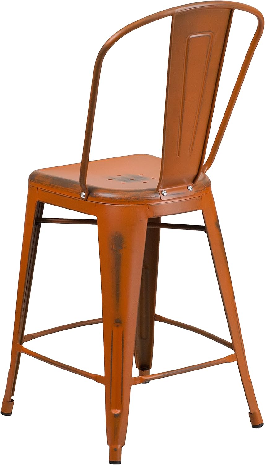 Flash Furniture Blake Commercial Grade 4 Pack 24" High Distressed Orange Metal Indoor-Outdoor Counter Height Stool with Back
