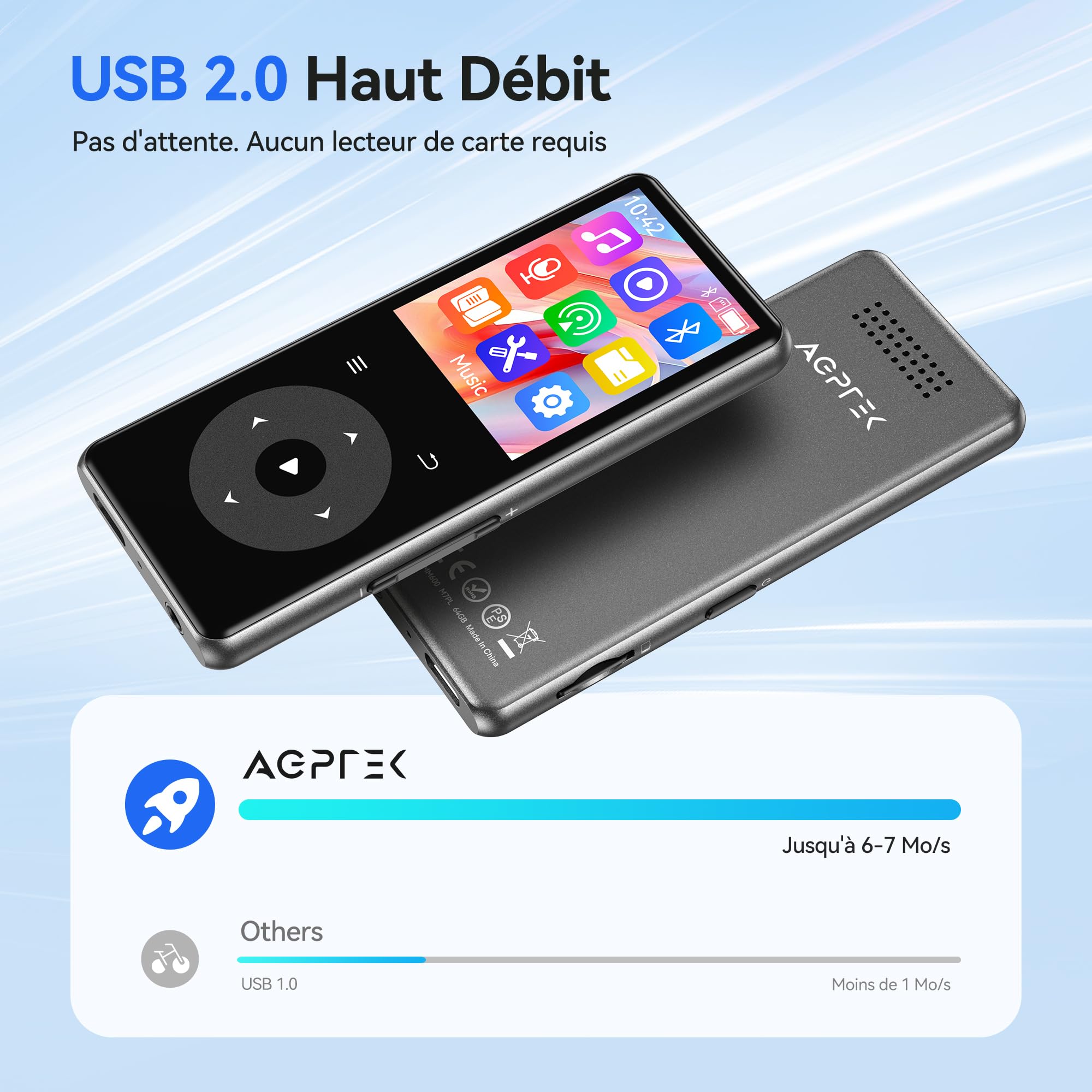 AGPTEK 64Go Lecteur MP3 Bluetooth 5.4 avec Haut-Parleur,Lecteur de Musique