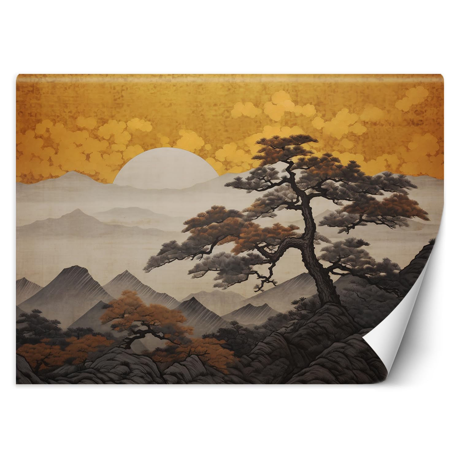 Feeby Carta da parati in vinile Premium Giappone Alberi 400x280 cm XXL Decorazione Fotomurali Soggiorno Camera da letto Moderne Design Ufficio Corridoio Hotel Spa Design Sole Montagne Oriente giallo