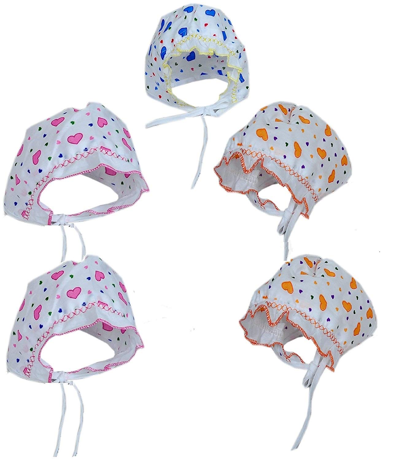 MammaChampSoft Pure Cotton Printed Cap/Hat/Topi with Tie Knot and Bonnet for Unisex Baby 0-6 Months, Pack - 5 White