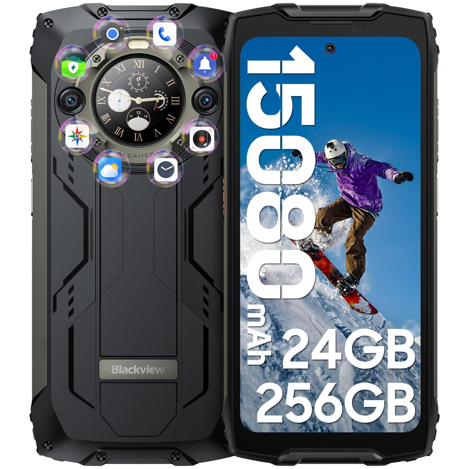Rugged Smartphone Blackview BV9300Pro con Secondario Schermo, 24GB+256GB(2TB TF), 15080mAh/33W, Helio G99, 6.7'' FHD+/120Hz, 64MP+32MP, Android 13, NFC, Fingerprint, Face ID, Torcia Elettrica da 100LM