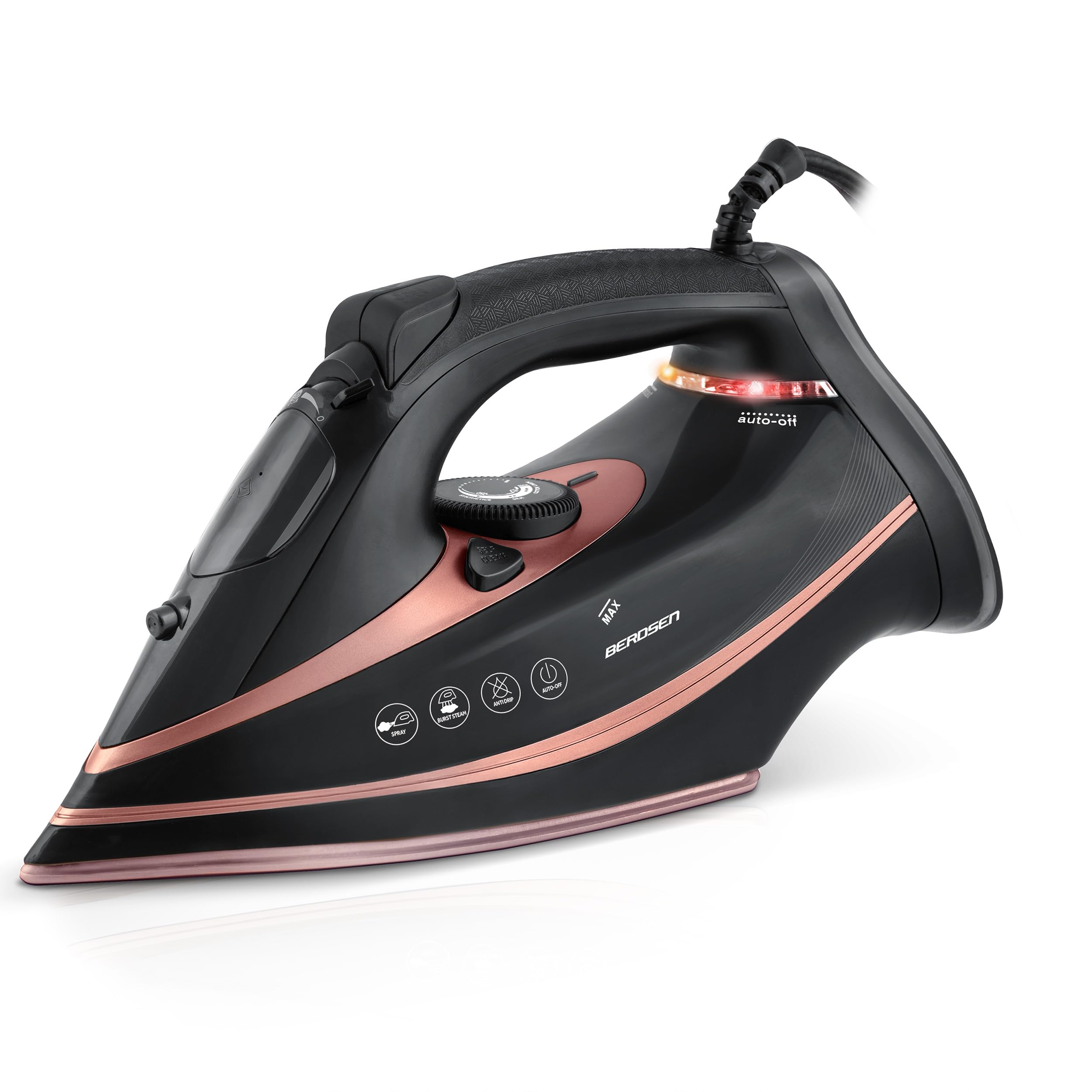 Berdsen Plancha de vapor, 3000 W, 10 en 1, con suela de cerámica, depósito de agua de 360 ml, doble golpe de vapor, color negro