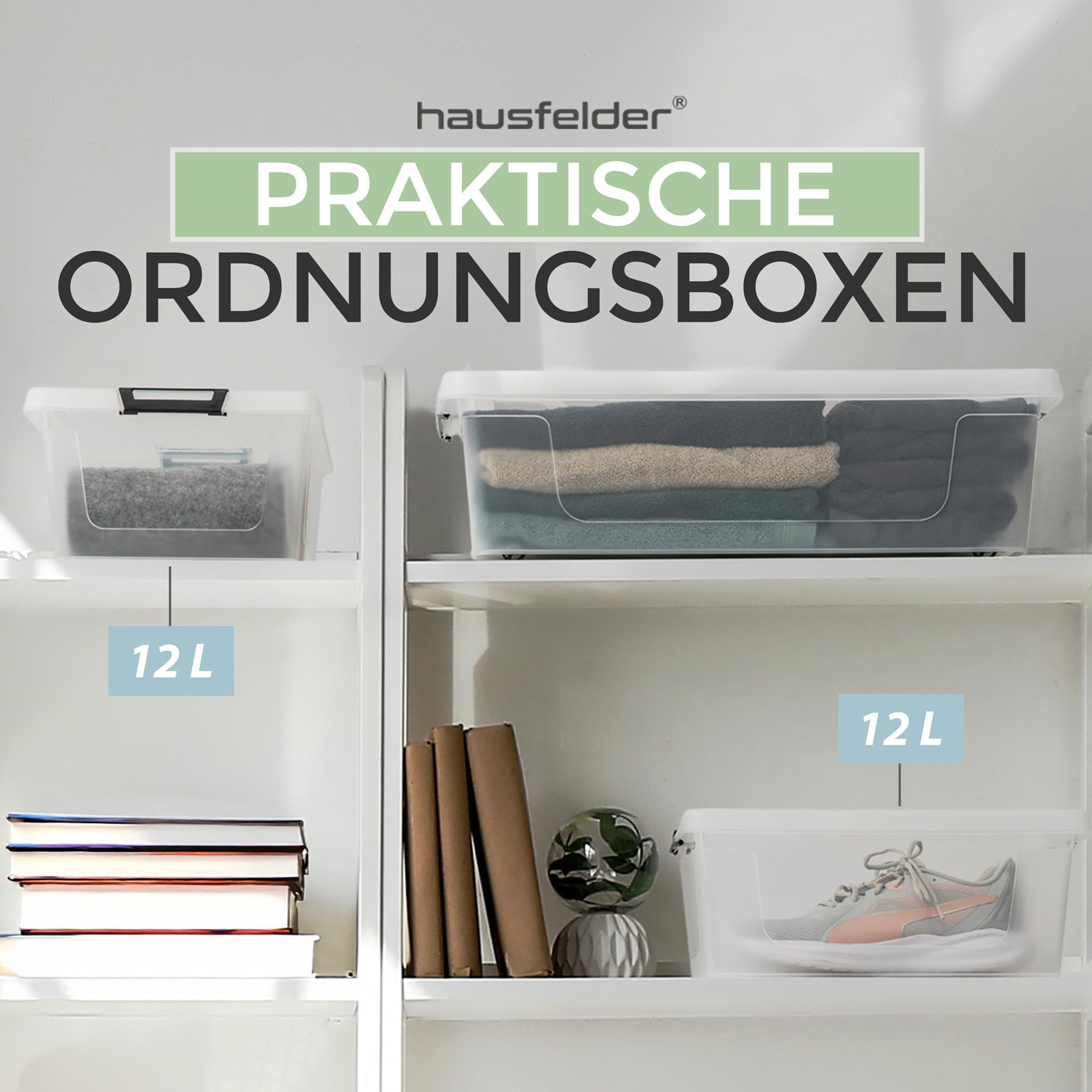 Hausfelder Aufbewahrungsboxen 10er Set, 12 l, mit Deckel, transparent | Kunststoffboxen mit Deckel für Küche, Keller, Garage und Haushalt, stapelbar, transparent