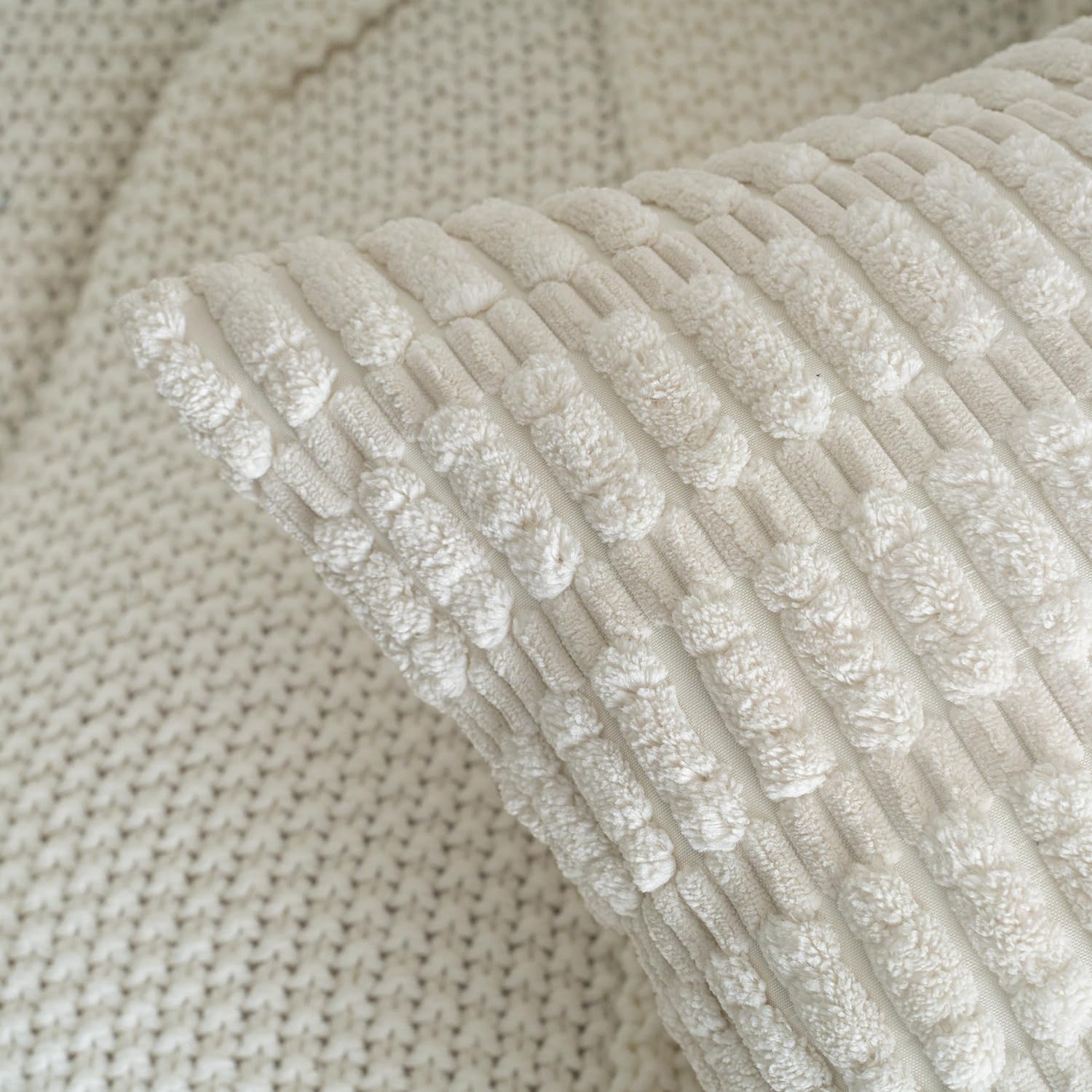 Pack of 2 Corduroy Decorative Throw Pillow Covers 18x18 Inch Soft Boho Striped Pillow Covers Modern Farmhouse Home Decor for Sofa Living Room Couch Bed Cream White - Image 3