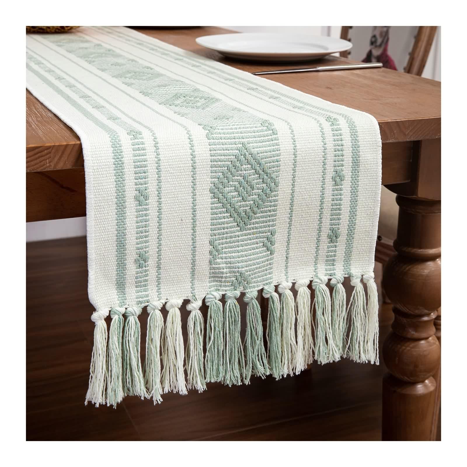 Lniany bieżnik w paski, elegancki nowoczesny bieżnik na stół w kratę jasnozielony nowoczesny wystrój domu wiejskiego 33 x 221 cm