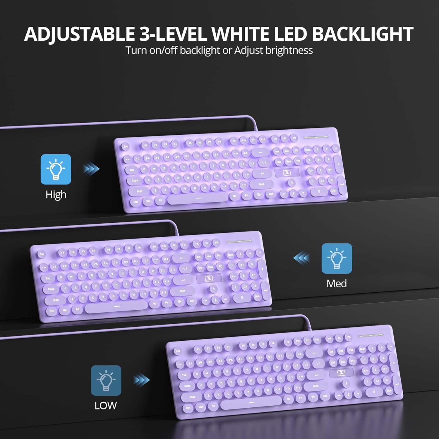 Wired Retro Computer Keyboard, Quiet Typewriter Keyboard, Purple Cute Keyboards Light up with Round Keycaps, LED Backlit,104-key for PC, Laptop(Purple)
