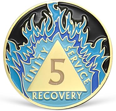 5 Year Sobriety Chip Blue Flames AA Medallion Addiction Recovery Chip