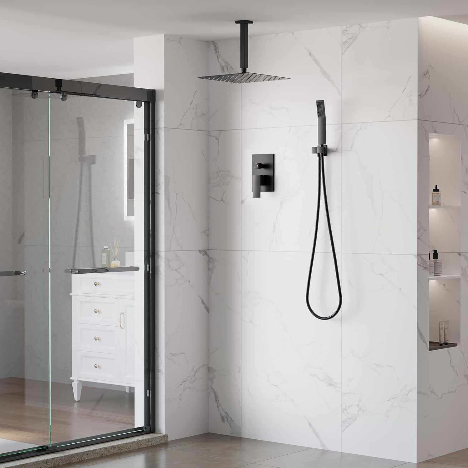 WELLFOR 12-In Ceiling Mount Shower System with Single Handle, Pressure-balanced Valve Included, Waterfall Dual Head Shower Head System, Rain Shower System, Shower Faucet Trim Kits, Matte Black