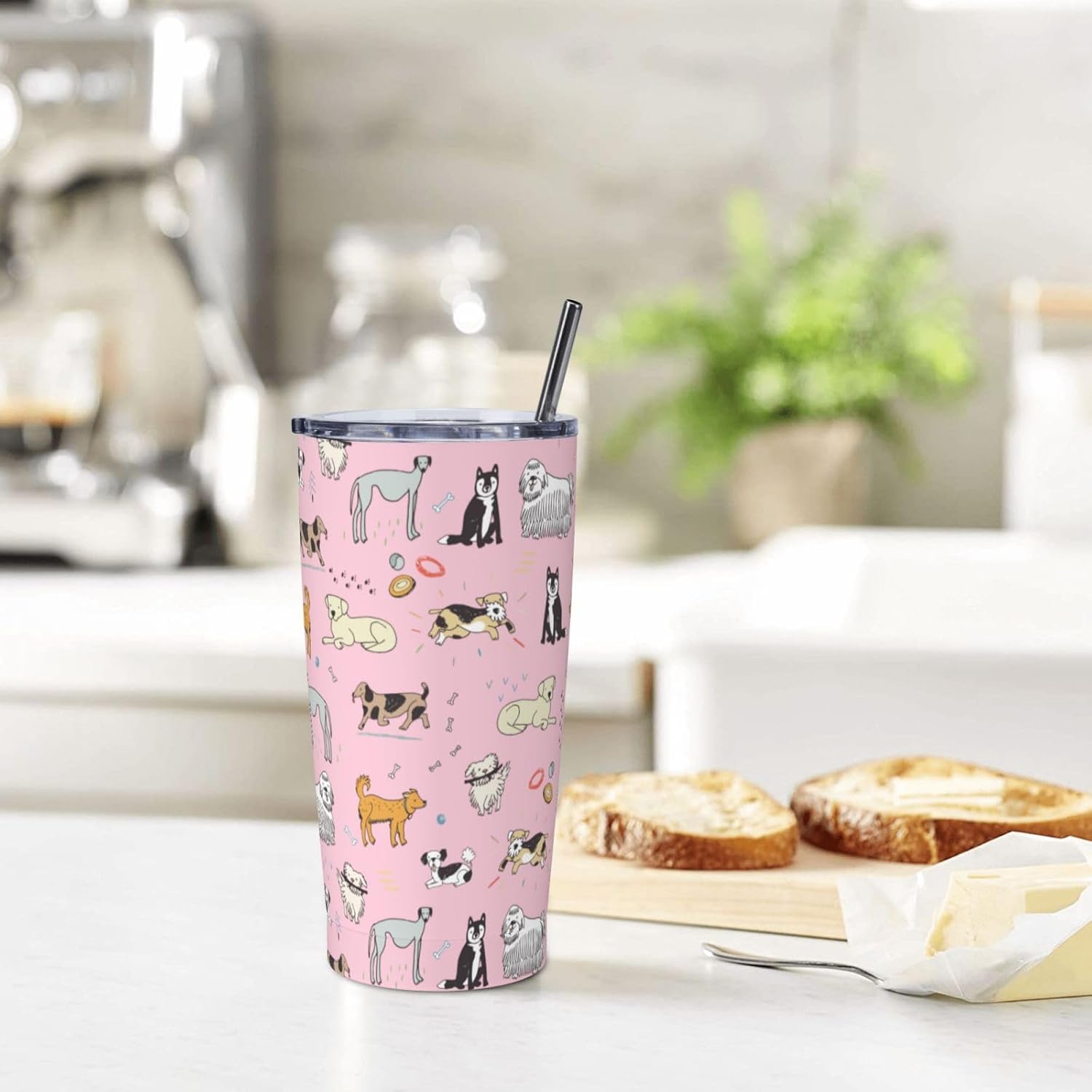 Perinsto Cute Dogs 20oz Travel Tumbler With Lid And Straw, Doodle Style Pink Stainless Steel Tumblers Insulated Coffee Cup Mug Gift For Men Women - Image 6