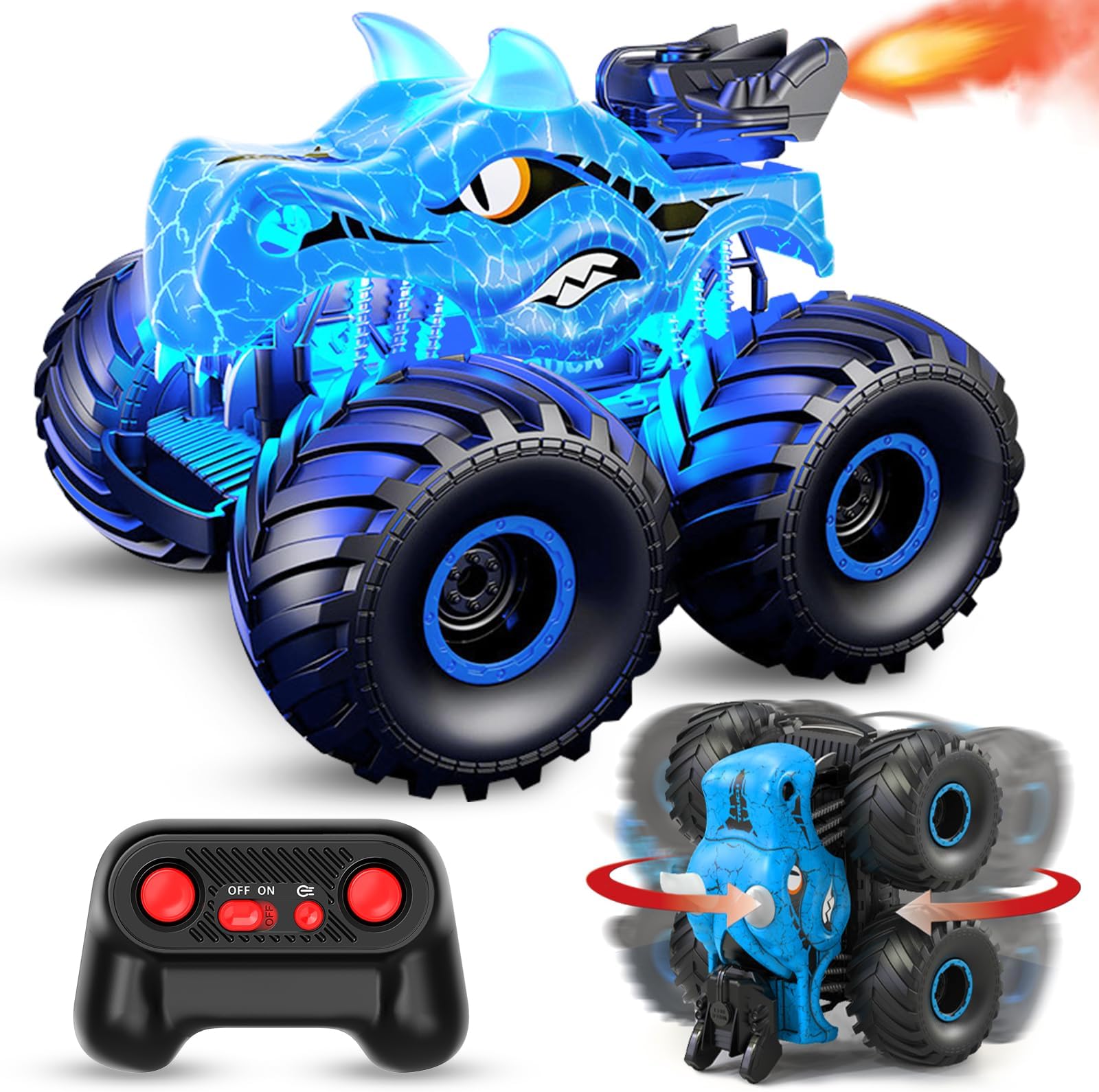 Remote Control Car, 2.4GHz Monster Trucks for Boys Girls with Light, Sound & Spray, Dinosaur Toys Gift for Kids 3 4 5 6 7 8, All Terrain RC Cars for Toddlers with 2 Batteries