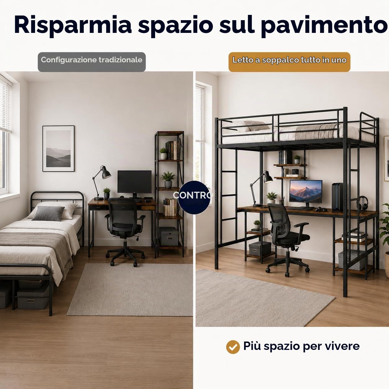 EGGREE Letto a Soppalco 140x200 cm con Scrivania e ripiano, Nero