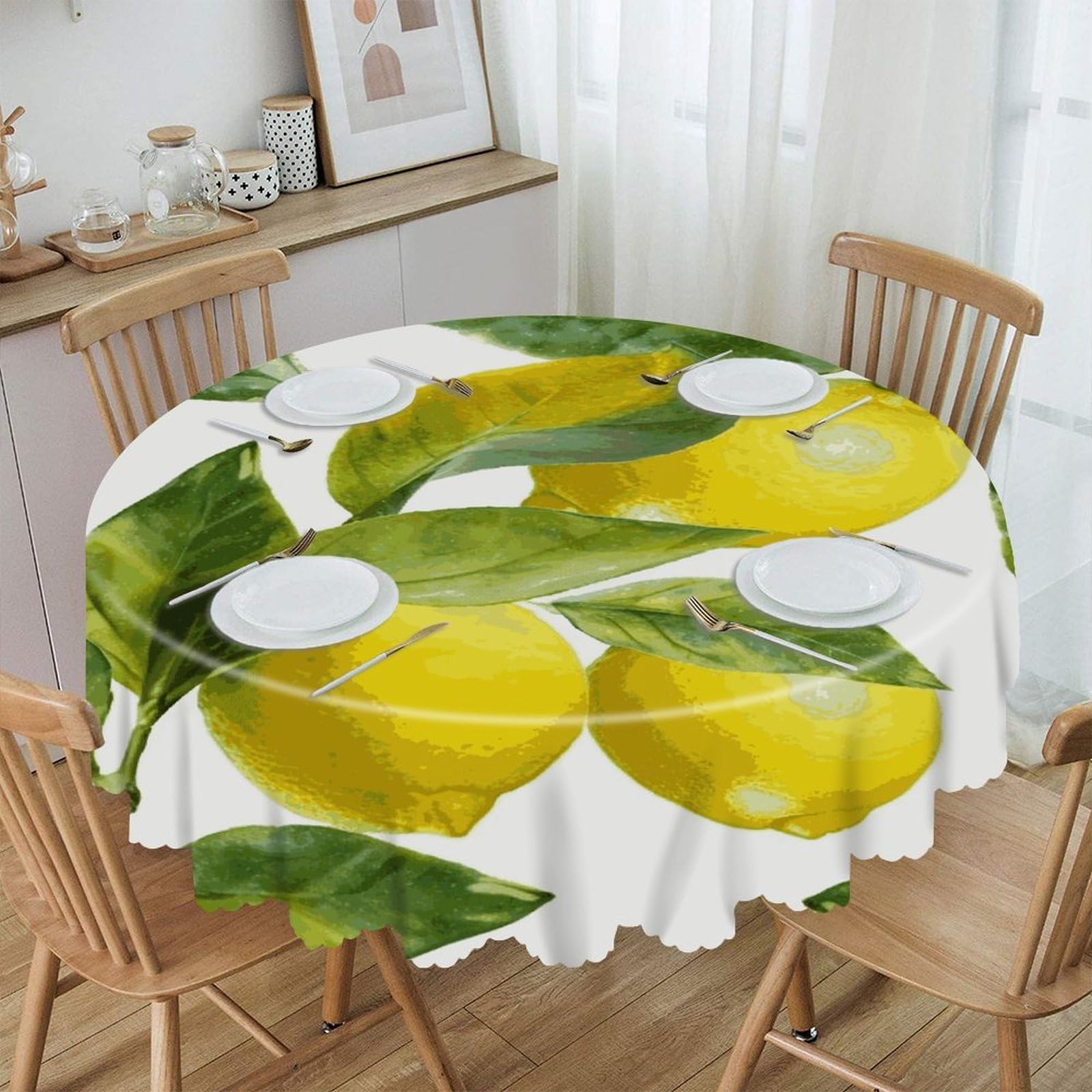 MUSM Lemon Branch Leaves Table Cloths Round Wrinkle Resistant Tablecloths Washable Polyester Table Cover Waterproof Decorative Washable Rustic Circle Tablecover for Kitchen Dining