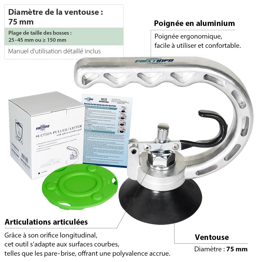 FIRSTINFO Ventouse Débosselage Carrosserie 75 mm, Débosseleur Sans Peinture Aluminium, Extracteur de Bosses pour Voiture, Outil de Réparation Carrosserie PDR A1504A