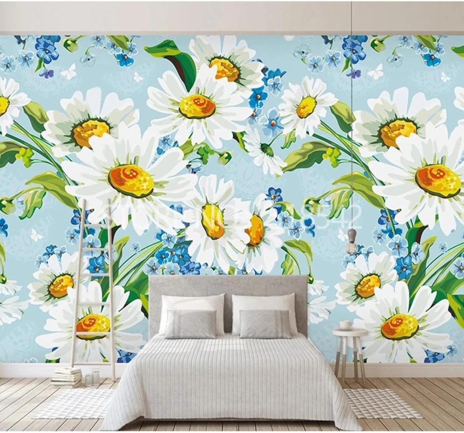 XLMING Fresh Hand Drawn Blue Floral Pastoral 3D Wallpaper Silky Texture Home Study Office Grey Dining Room Sofa Bedroom Living Room TV Backdrop-350cm×256cm