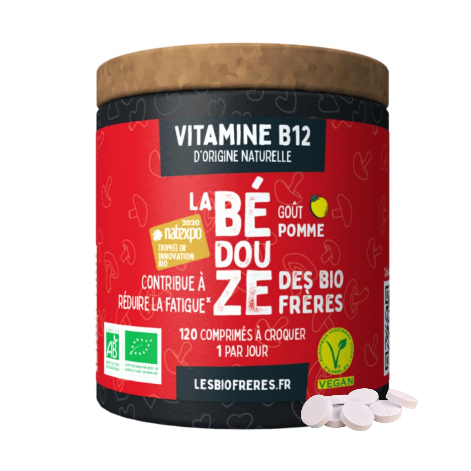 Les Bio Frères - Vitamine B12 Bio Végane d'Origine Naturelle - Énergie, Vitalité & Réduction de la Fatigue - Système Nerveux & Immunitaire - Cure 4 Mois (120 Comprimés) (Pomme)