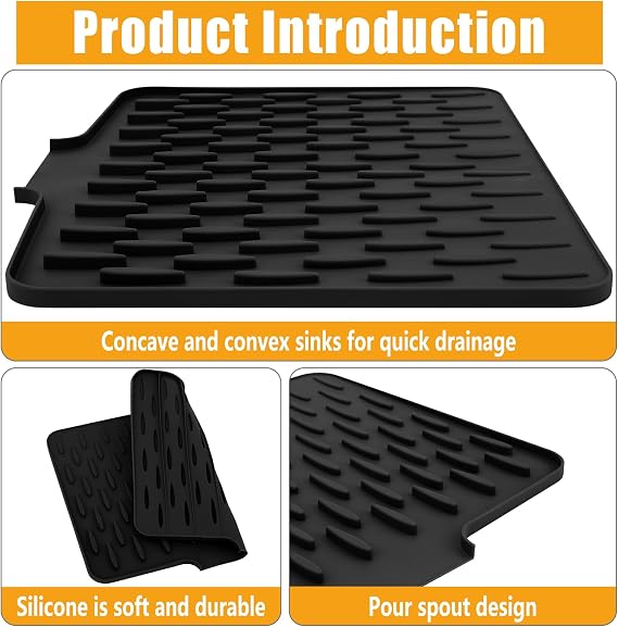 Silicone Draining Mat,Silicone Dish Drying Mat Non-Slip Sink Drainer Mat,No-Spill Mat & Heat Resistant Folding Draining Board Mat for Campervan Kitchen Counter,Sink (Black)