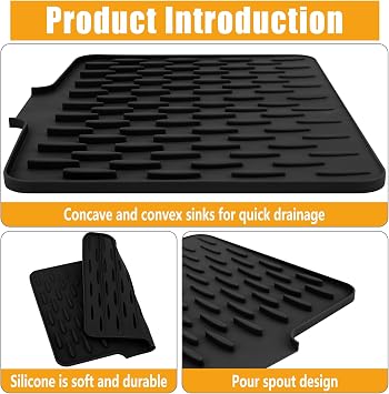 Silicone Draining Mat,Silicone Dish Drying Mat Non-Slip Sink Drainer Mat,No-Spill Mat & Heat Resistant Folding Draining Board Mat for Campervan Kitchen Counter,Sink (Black)