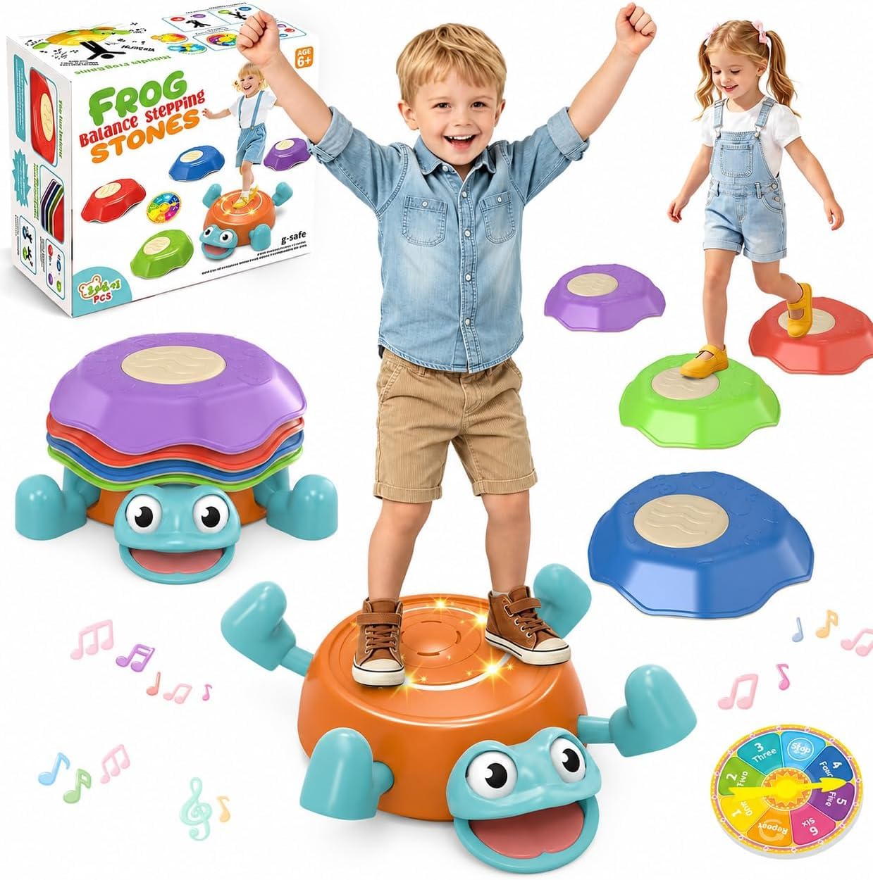 Holyton Balance-Steine Kinder mit Licht & Musik, Turtle Jump Spiel mit Drehrad, Reaktions- & Koordinationsspiel, 1 Schildkröte + 4 Steine, Motorik Training Indoor & Outdoor