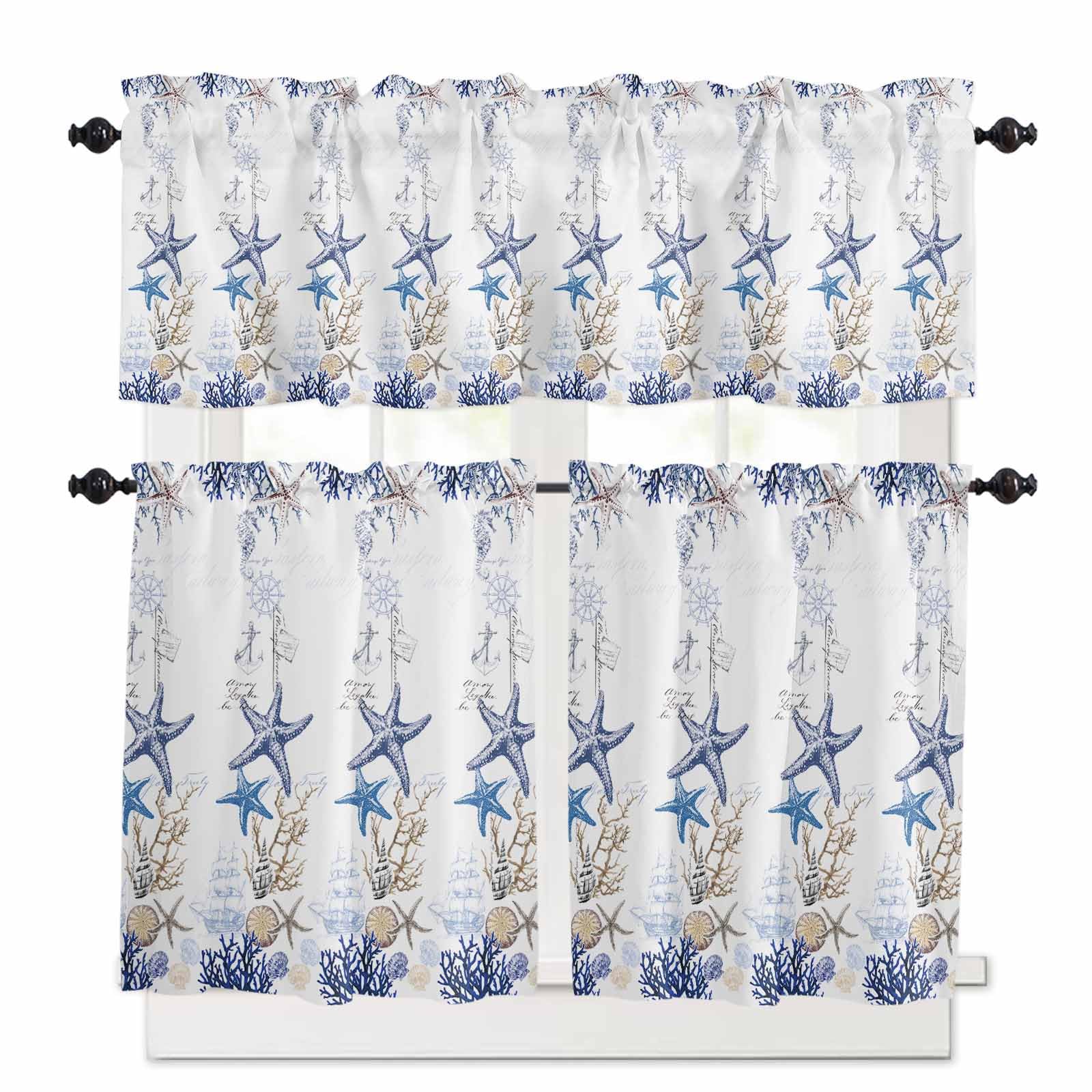 Coastal Starfish Kitchen Curtains 36 Inch Length, 3 Piece Rod Pocket Small Half Tiers and Valance Set, Nautical Coral Ship Anchor Rudder Small Large Window Treatment Decor for Bedroom/Bathroom Sink
