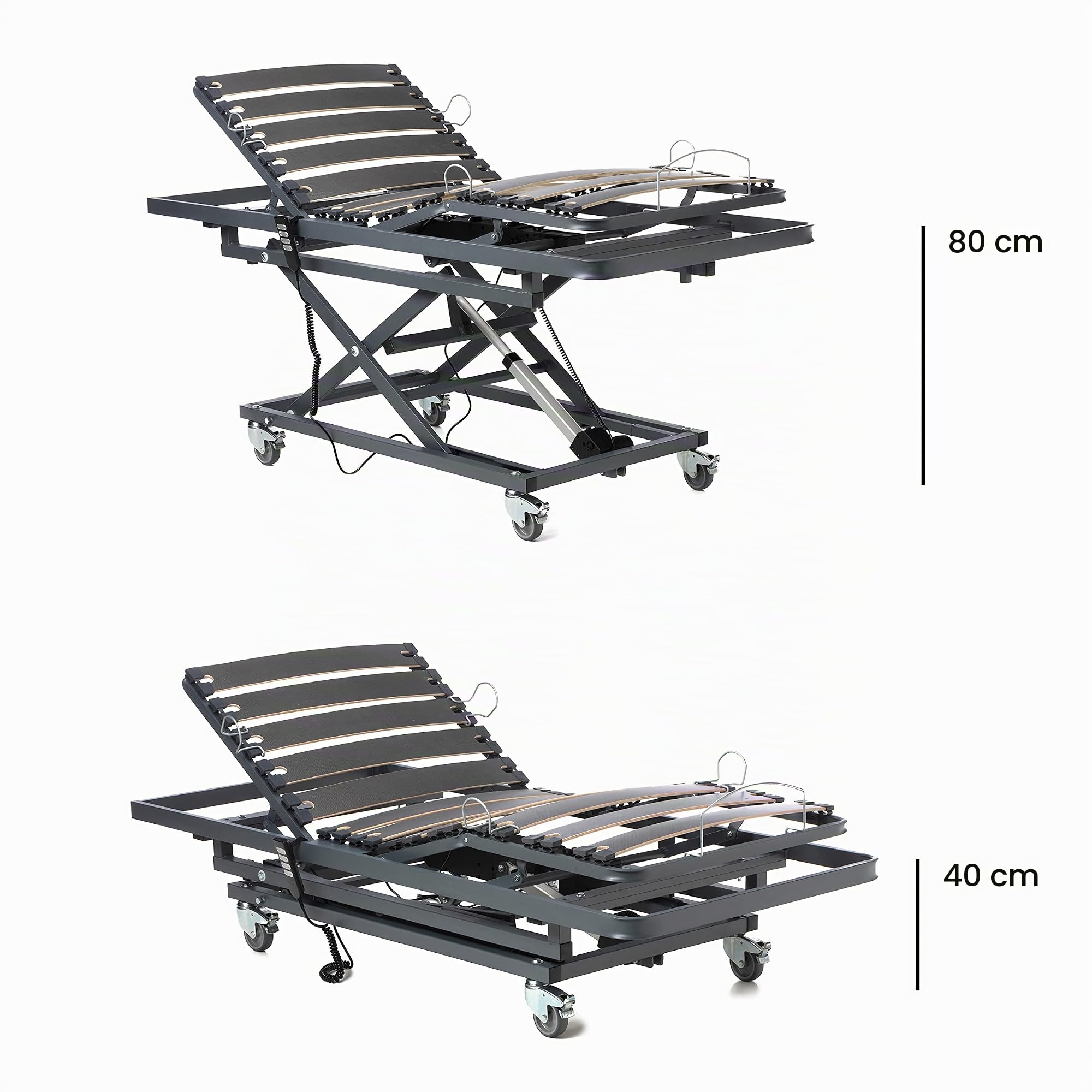 Geriafy - Cama articulada geriátrica con Carro Elevador (105x190, Barandillas + Colchón Sanitario)