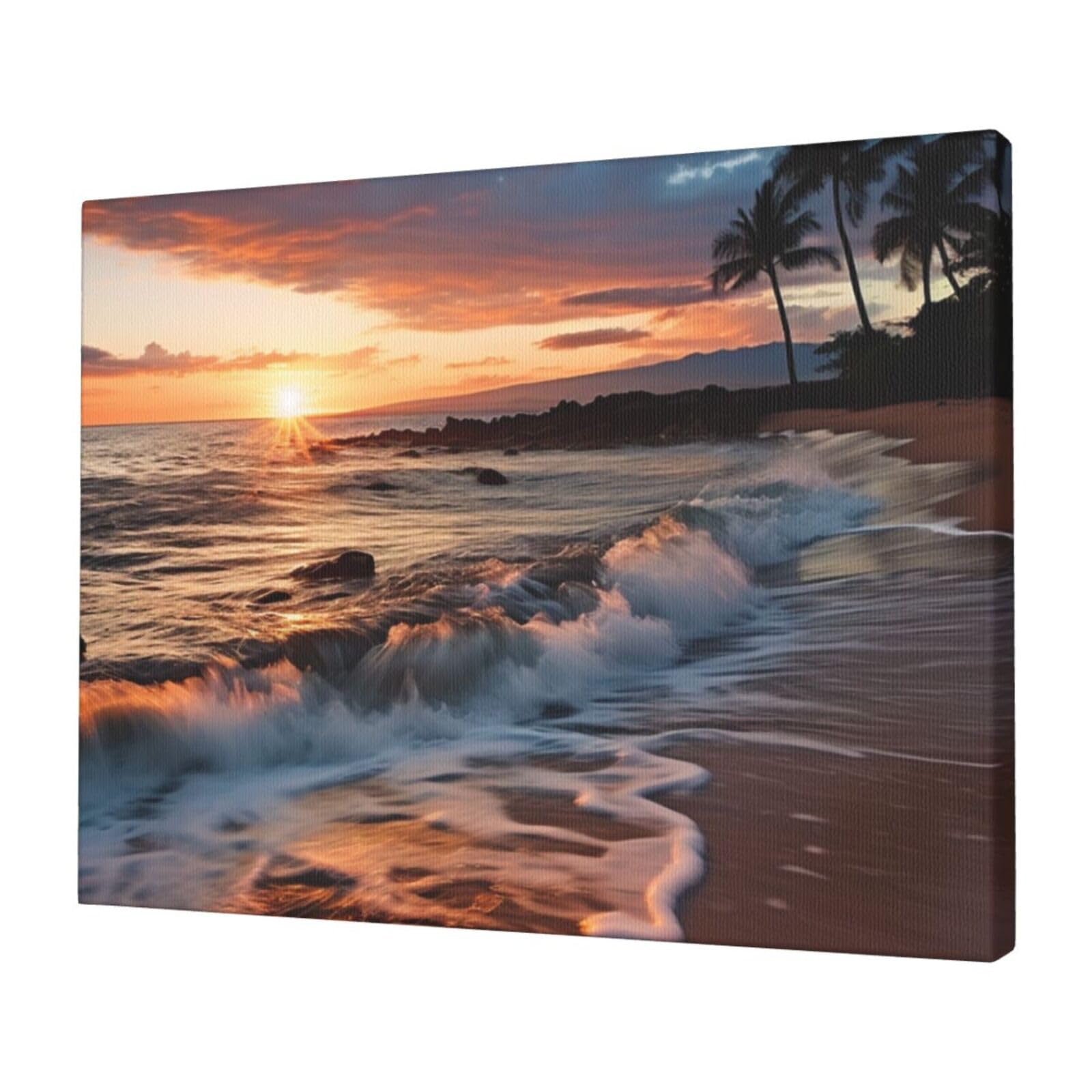 Beach Maui Hawaii Sunset Sea Waves Clouds Canvas Wall Art for Living Room 12"x16" Modern Artwork Painting for Bathroom Hanging Canvas Prints Aesthetic Wallart for Bedroom Kitchen Office Wall Decor