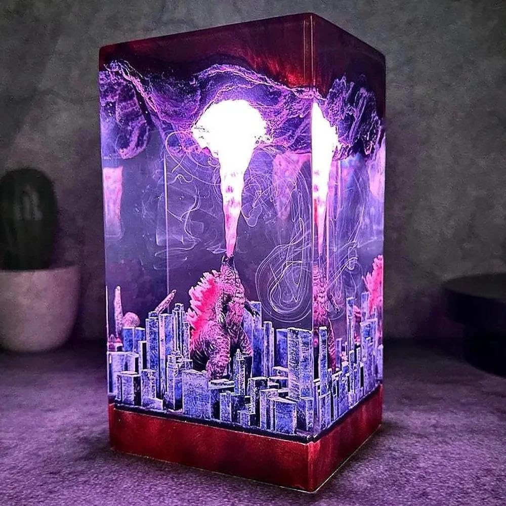 Godzilla lampka nocna z żywicy epoksydowej 3D, figurki Godzilli z żywicy z kablem USB, lampka nocna Monster z pilotem 16 kolorów, wielokolorowa lampka nocna LED, dekoracja biurka, prezent (styl