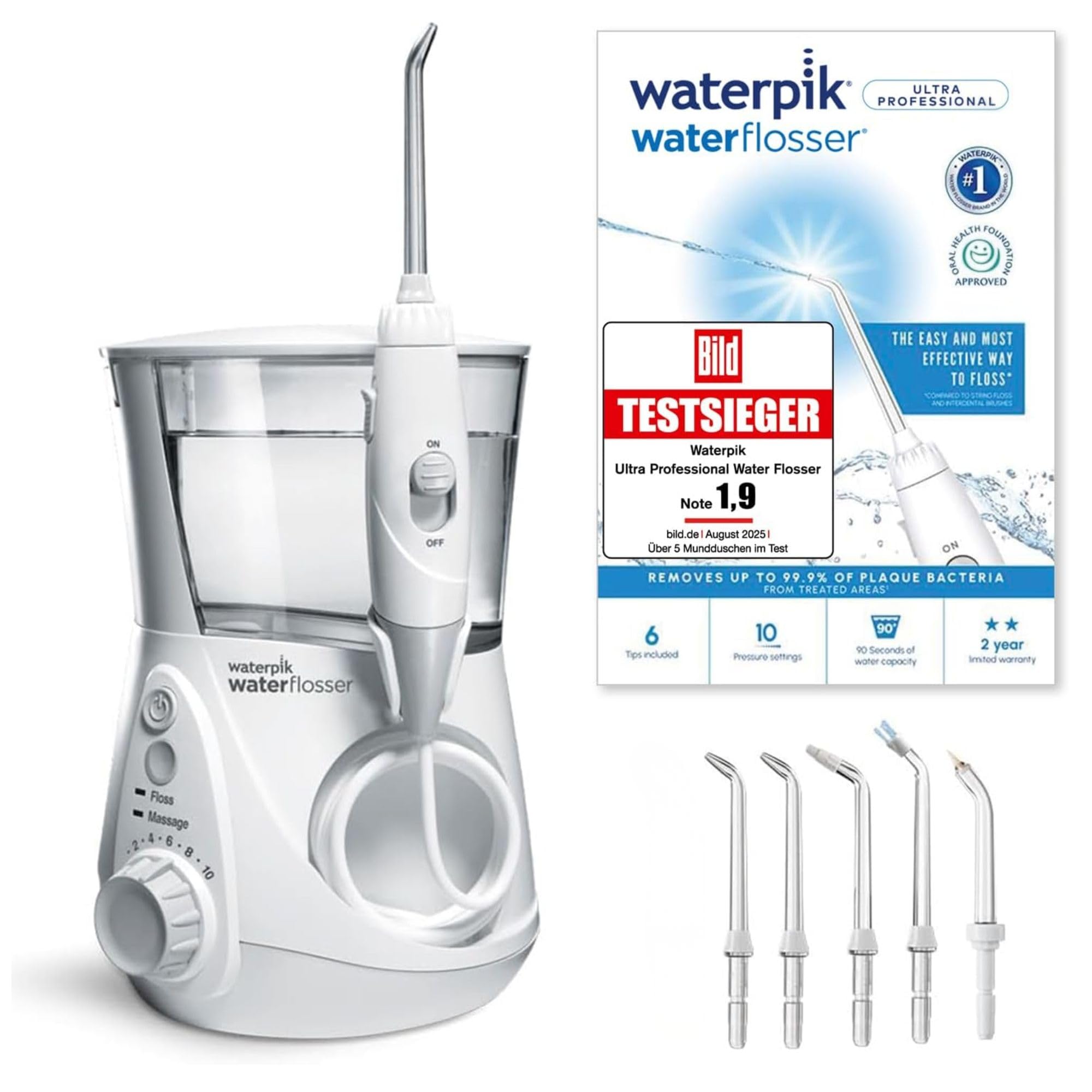 Waterpik Ultra Professional Munddusche, Testsieger 2026, Precision Pulse Technology, TÜV Siegel, bis zu 99,9 Prozent Plaque Entfernung, 6x Aufsätze, 10x individuelle Modi, integrierter Timer, weiß