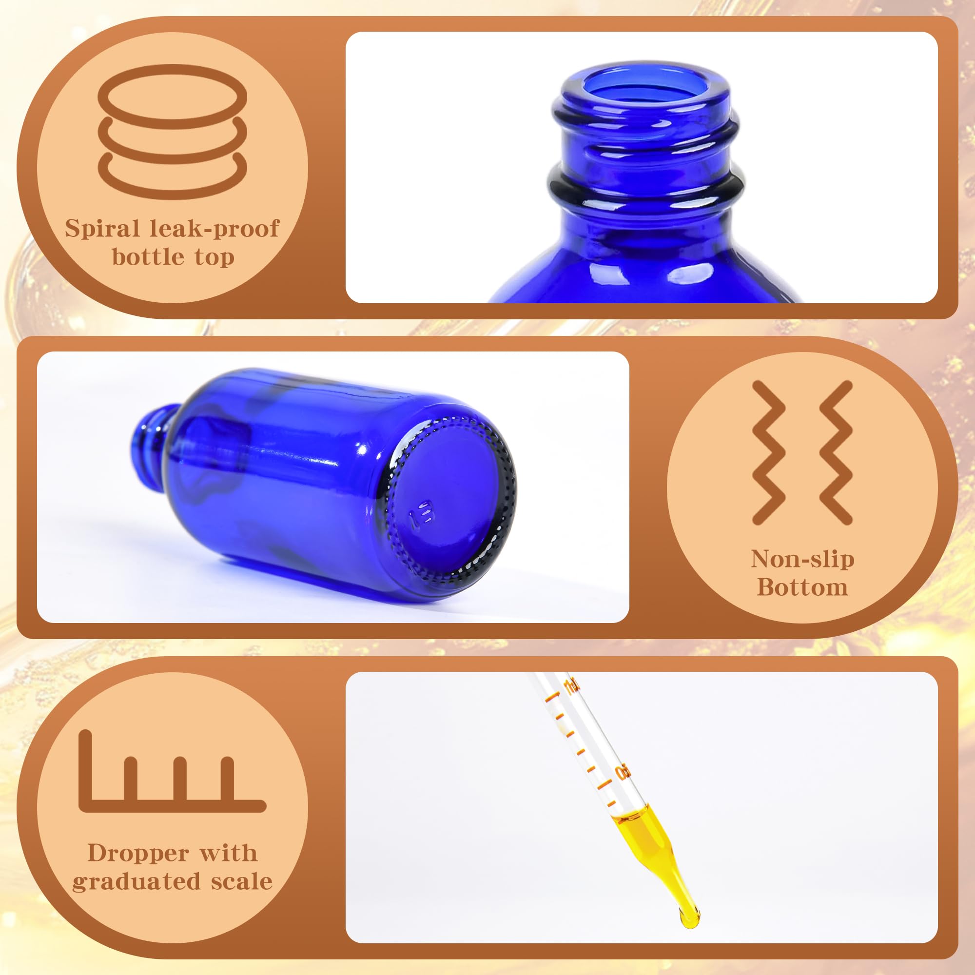 24 Stück blaue Tropfflaschen, 57 ml Glas-Tinkturflaschen mit gemessener Pipette und goldenen Kappen, auslaufsichere Reiseflaschen für ätherische Öle/Chemielabor, Chemikalien/Kölner und Parfums
