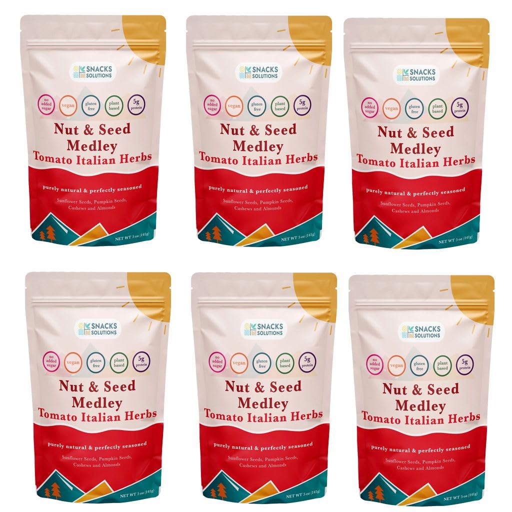 Snacks Solutions Nut and Seed Medley (5 oz -Pack of 6, Tomato Italian Herbs) Natural and Perfectly Seasoned, Sunflower Seeds, Pumpkin seeds, Cashews and Almonds, Kosher and Gluten Free