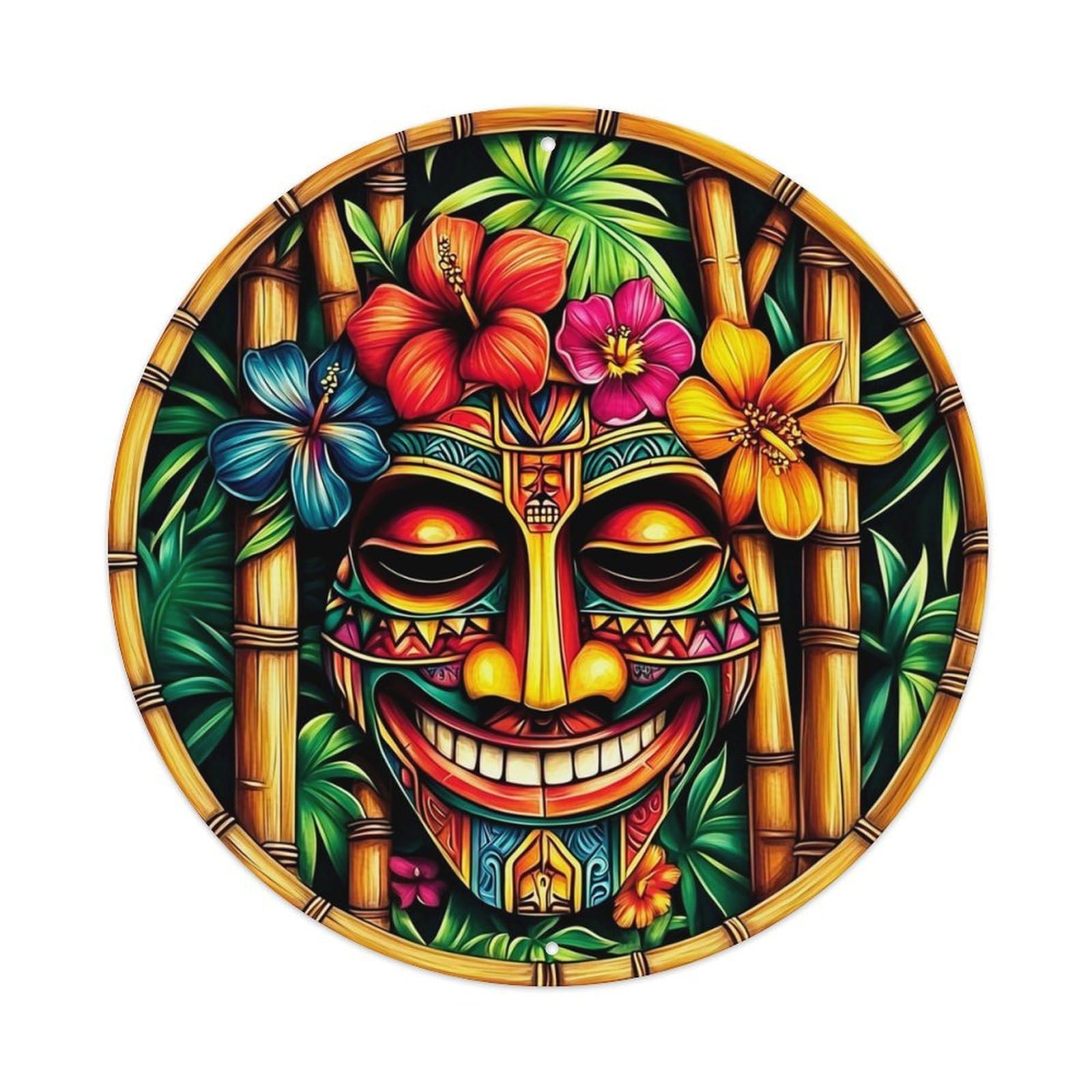 Tropical Tiki Mask Floral Bamboo Vintage Round Tin Sign Retro Metal Wall Decor Metal Poster, Home Bar Garage Cafe Wall Art Decoration 8x8Inches