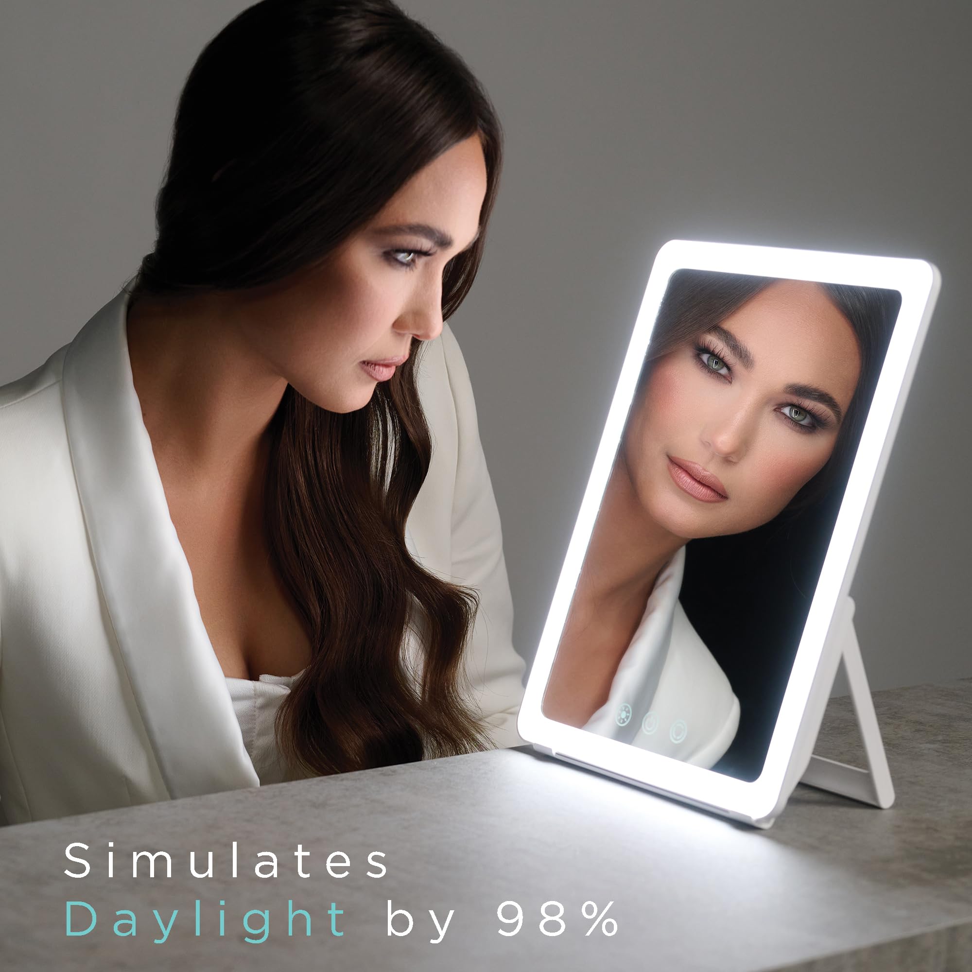Ilios Lighting Tragbarer Make-up-Spiegel mit verstellbarem Ständer, dimmbarer LED-Beleuchtung, 3 Farbmodi und Touch-Steuerung, perfekt für Reisen, Schminktisch und Schönheit unterwegs