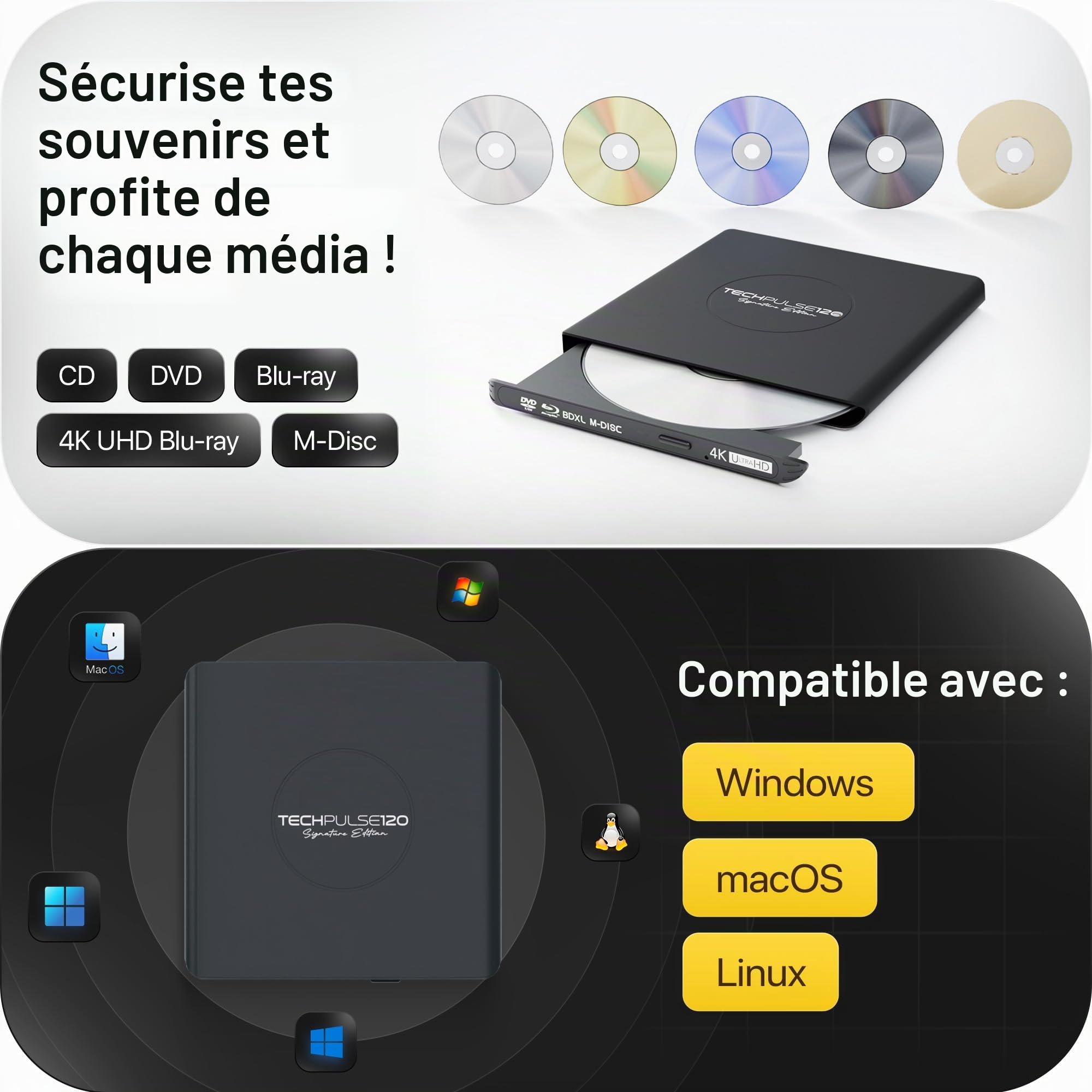 techPulse120 Externe USB 3.1 USB-C UHD 4k 3D M-DISC Blu-ray DVD CD HDR10 128GB Lecteur Graveur Burner Signature Paquet Sac 90cm Câble de Connexion Aluminium (Noir)