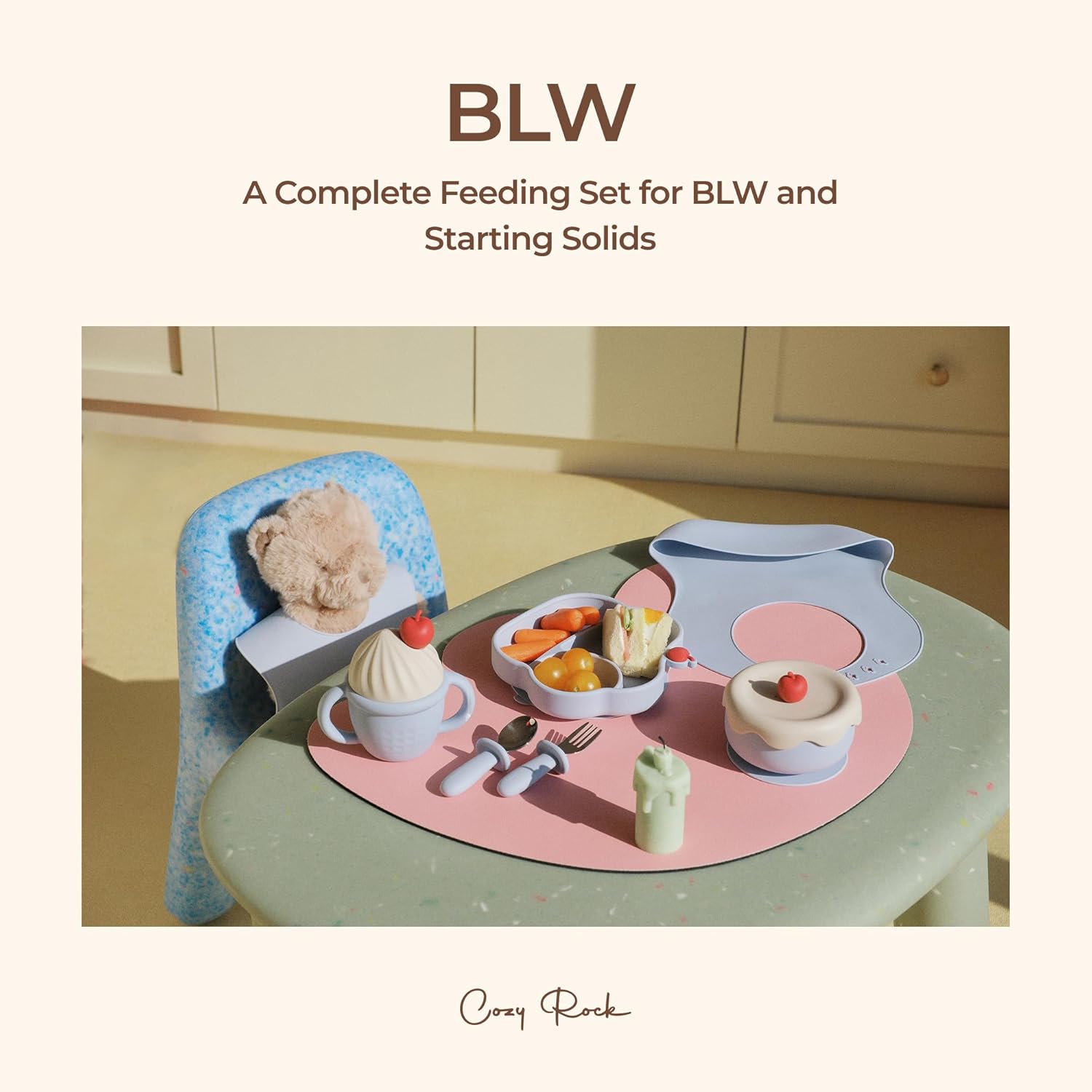 Silicone Baby Feeding Set, Gelato Collection Baby Led Weaning Supplies, First Self-Feeding Ice Cream Set, Silicone Suction Bowl with Cherry Lid & Plate, Straw Cup & Bib, Fork & Spoon