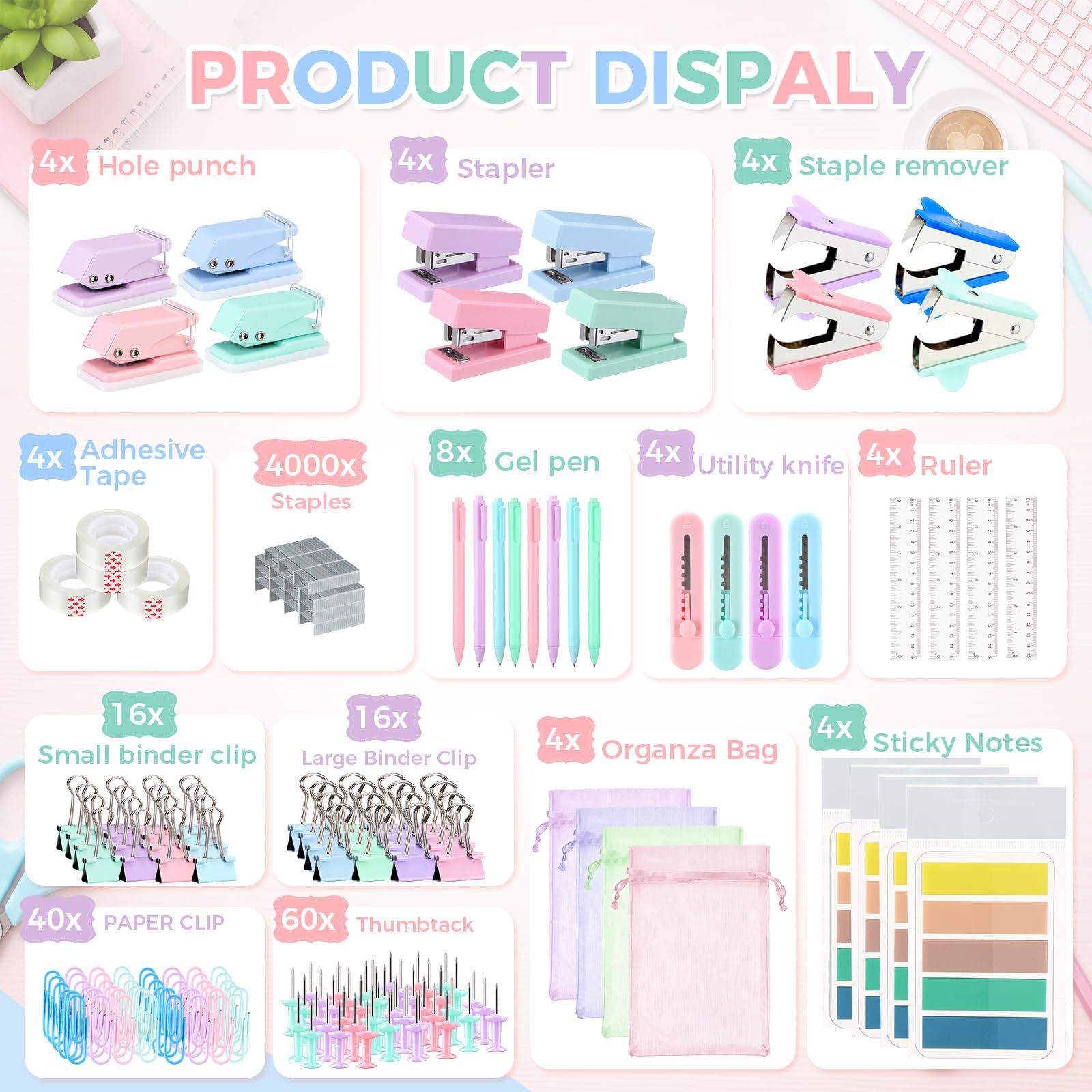 Dunzoom Lot de 56 mini fournitures de bureau pastel prêtes à offrir avec sacs individuels en organza, mini agrafeuse, perforatrice, ruban adhésif, stylos, pinces pour enseignants, collègues