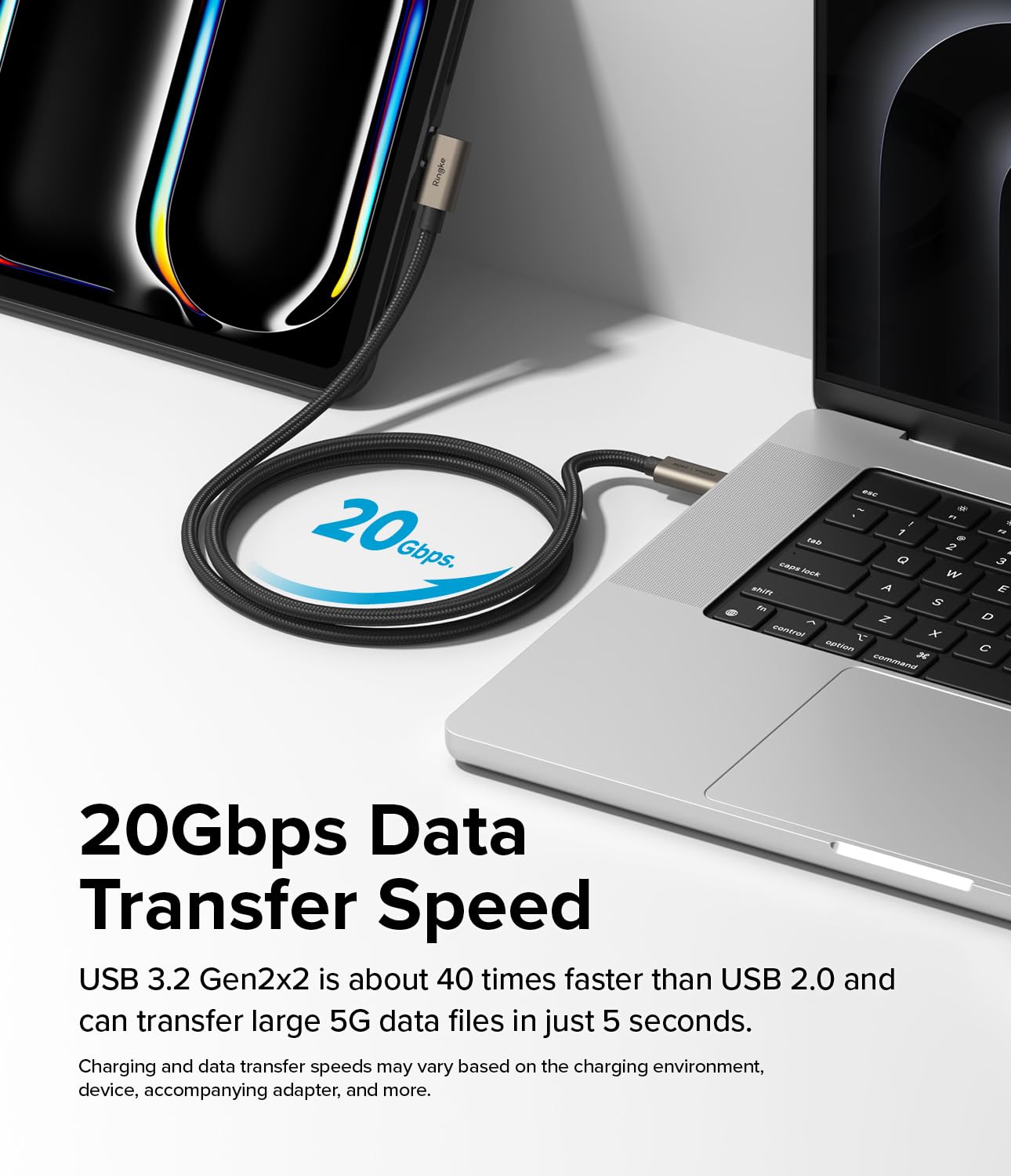 Ringke Câble USB C vers USB C, USB 3.2 Gen 2 x 2 USB-C 90 degrés, vitesse de transfert de données 20 Gbit/s, nylon tressé haute densité (1 m) – Noir