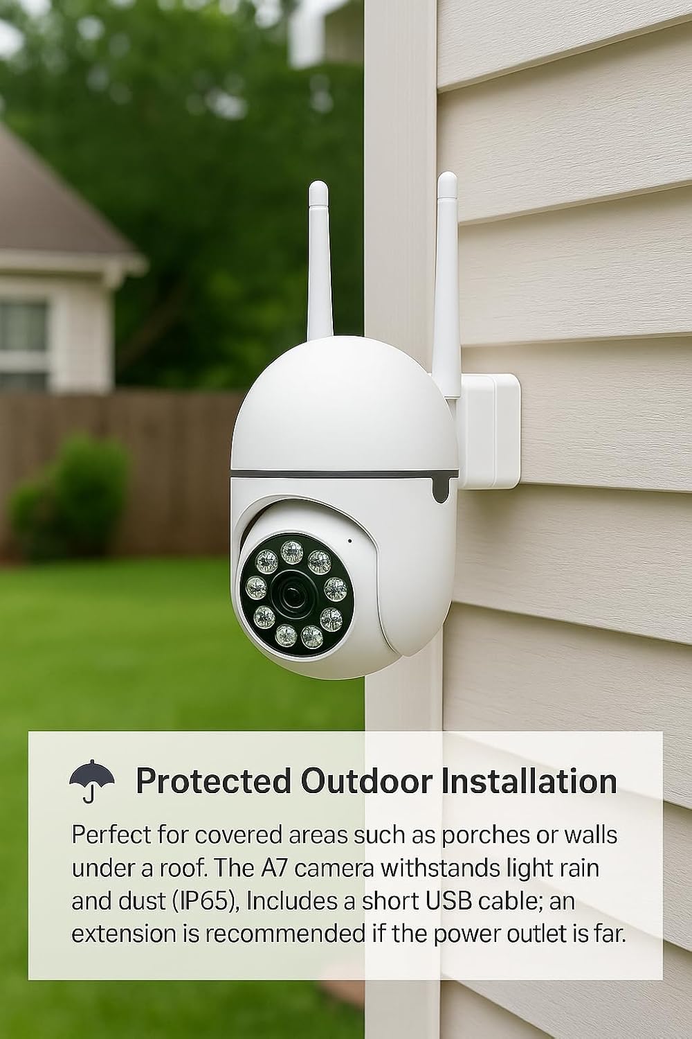Camera mounted on an exterior wall under an overhang, indicating protected outdoor installation