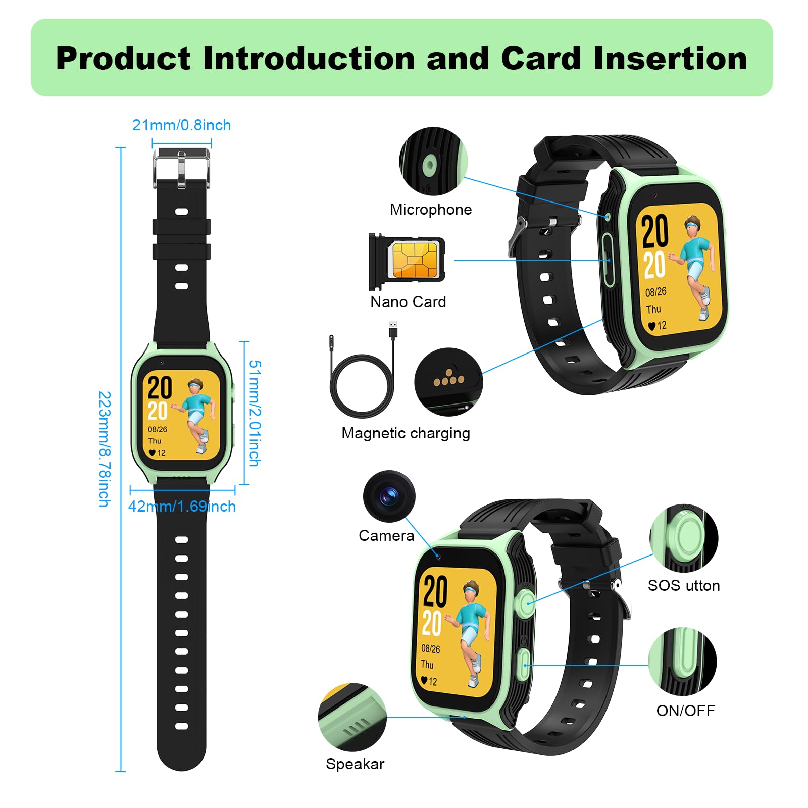 Reloj inteligente 4G seguro para niños con rastreador GPS Whatsapp de 1.8 pulgadas, pantalla táctil grande, WiFi, llamadas, chat de video por voz, SOS, Bluetooth, alarma, podómetro, música, reloj