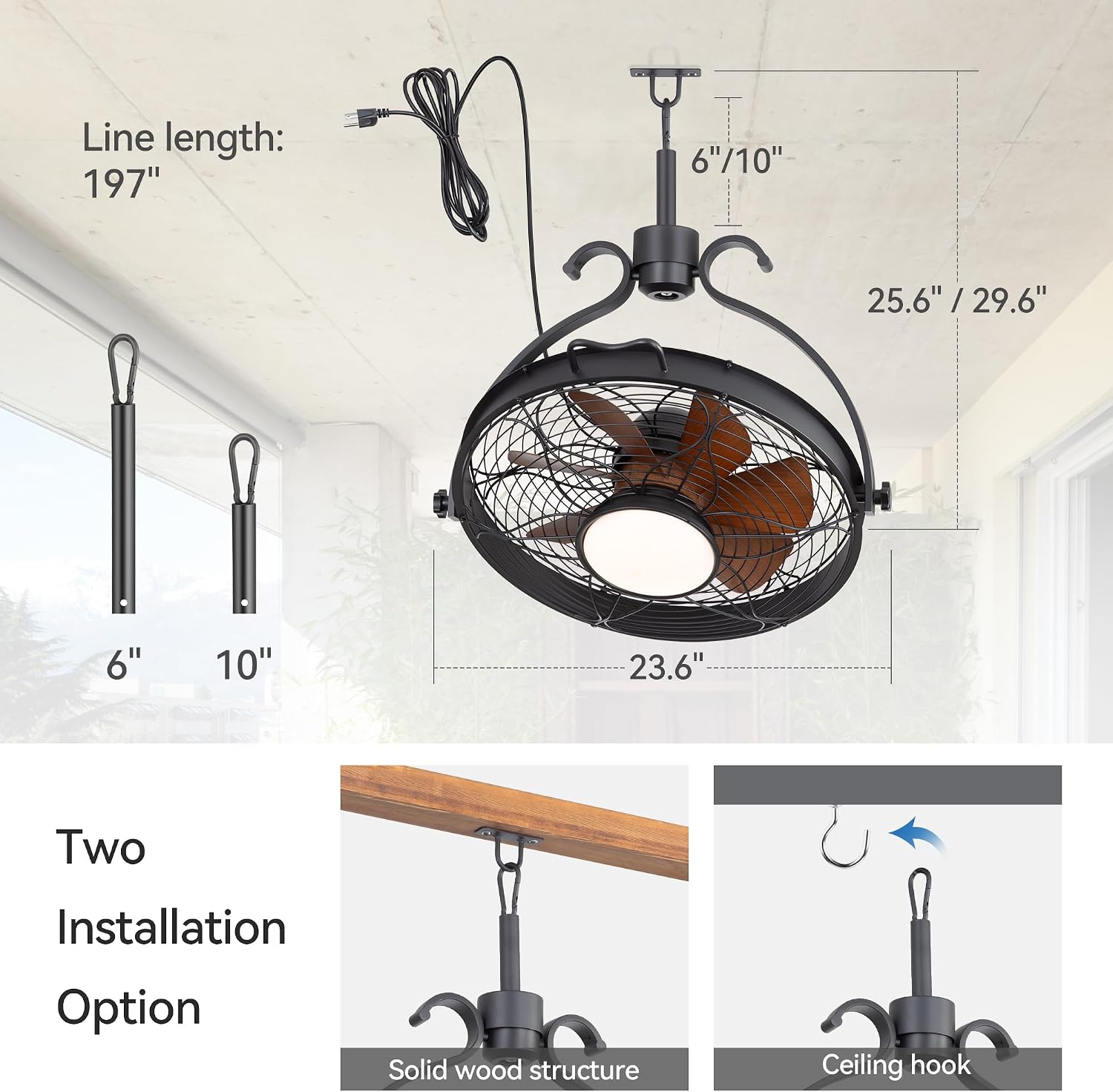 Outdoor Ceiling Fan with Light, 23.6" Weatherproof Gazebo Fan with Hanging Hook, Ultra Quiet DC Motor Black Caged Plug in Patio Ceiling Fan Downrod Mount for Pavilion Poolside Porch Pergola