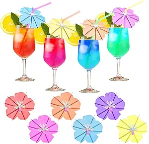 WELLFAR Fun Umbrella Drink Straws, Tropical Cocktail Straws with Mini Umbrella, Tiki & Hawaiian Party Decorations, Colorful Parasol Straw for Margarita, Pina Colada, Mojito, Summer Beverages. 50 PCS