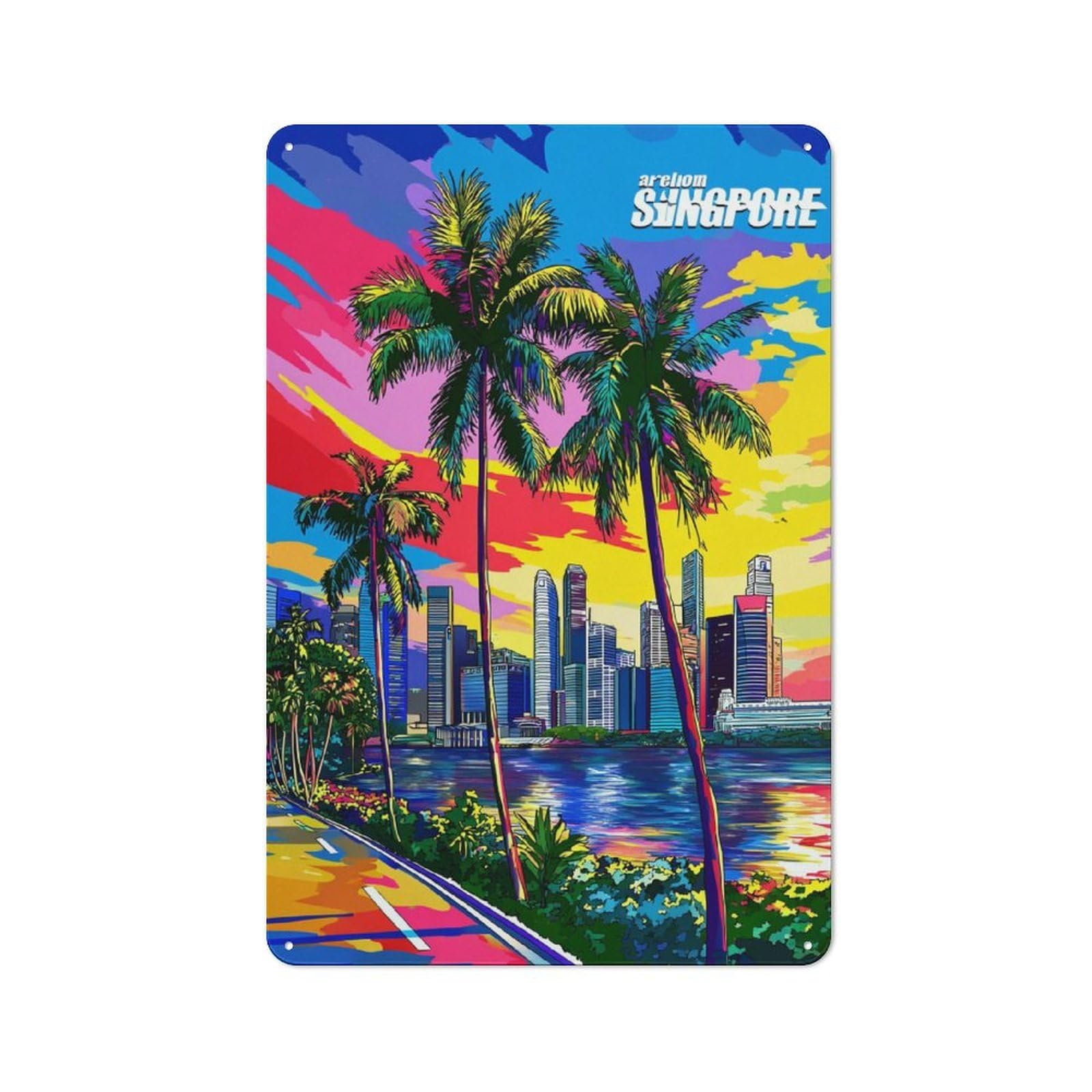 Junmoney Vibrant Singapore Skyline With Palm Trees Tin Wall Plaque 30X20cm With For Kitchen Or Home Bar, A Christmas Gift For People Styling Kitchen And Home Bar