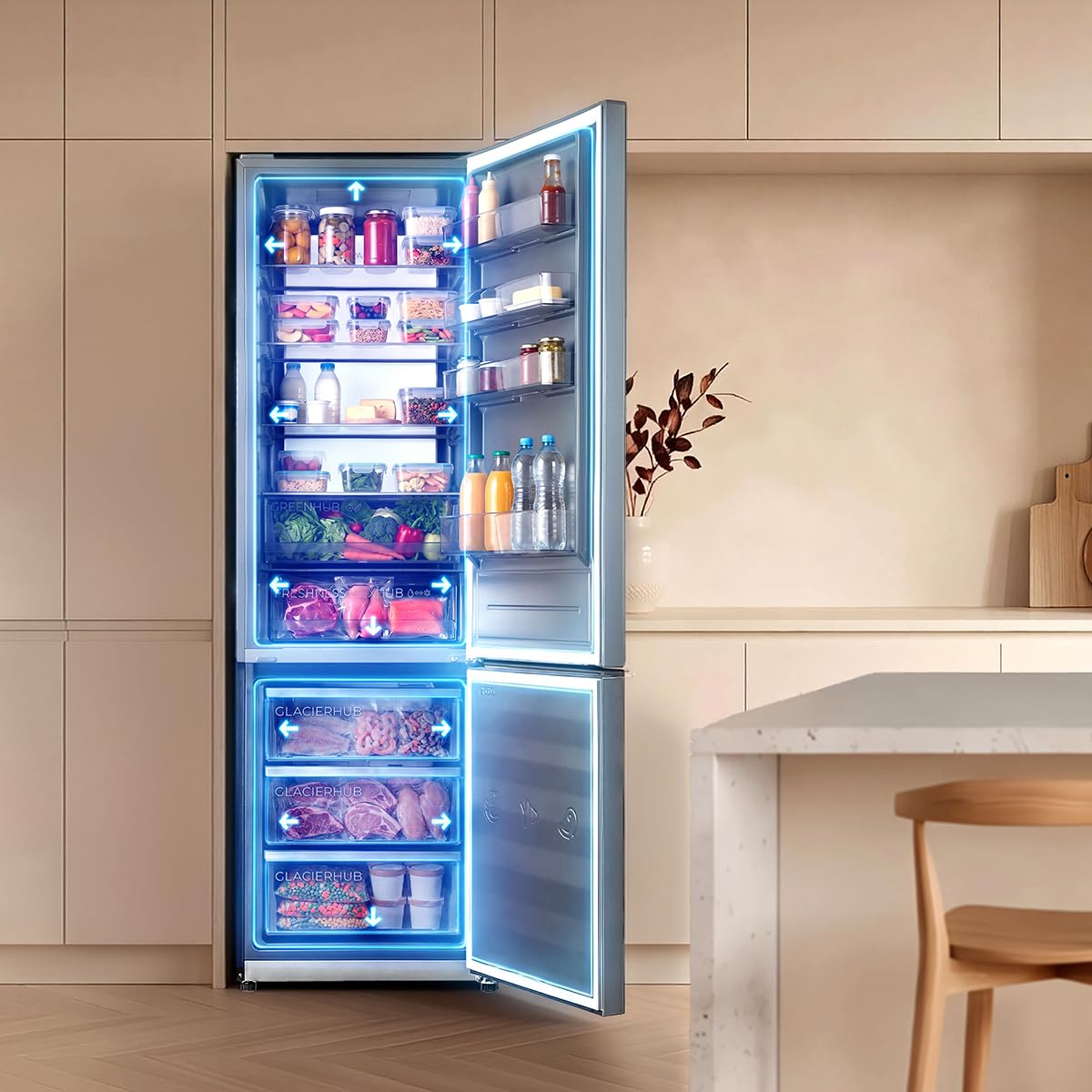 Cecotec Kühl-Gefrierkombination Bolero CoolMarket Combi 405 WL Elite Inox D. 405 L, 199,5x59,2 cm, Total No Frost, Inverter Plus, 37 dB, Fast Cooling & Freezing, LED-Display, Energieklasse D