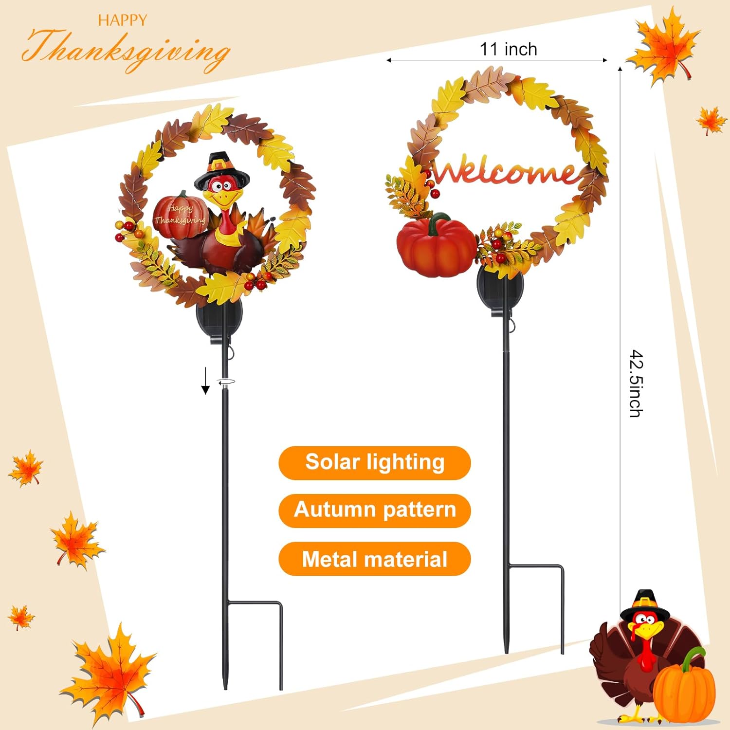 Capoda 2 Pcs Thanksgiving Outdoor Decorations Solar Turkey Yard Stakes Fall Turkey Lights Decorations 42.5 Inch Welcome Thanksgiving Pumpkin Yard Signs for Garden Lawn Pathway Autumn