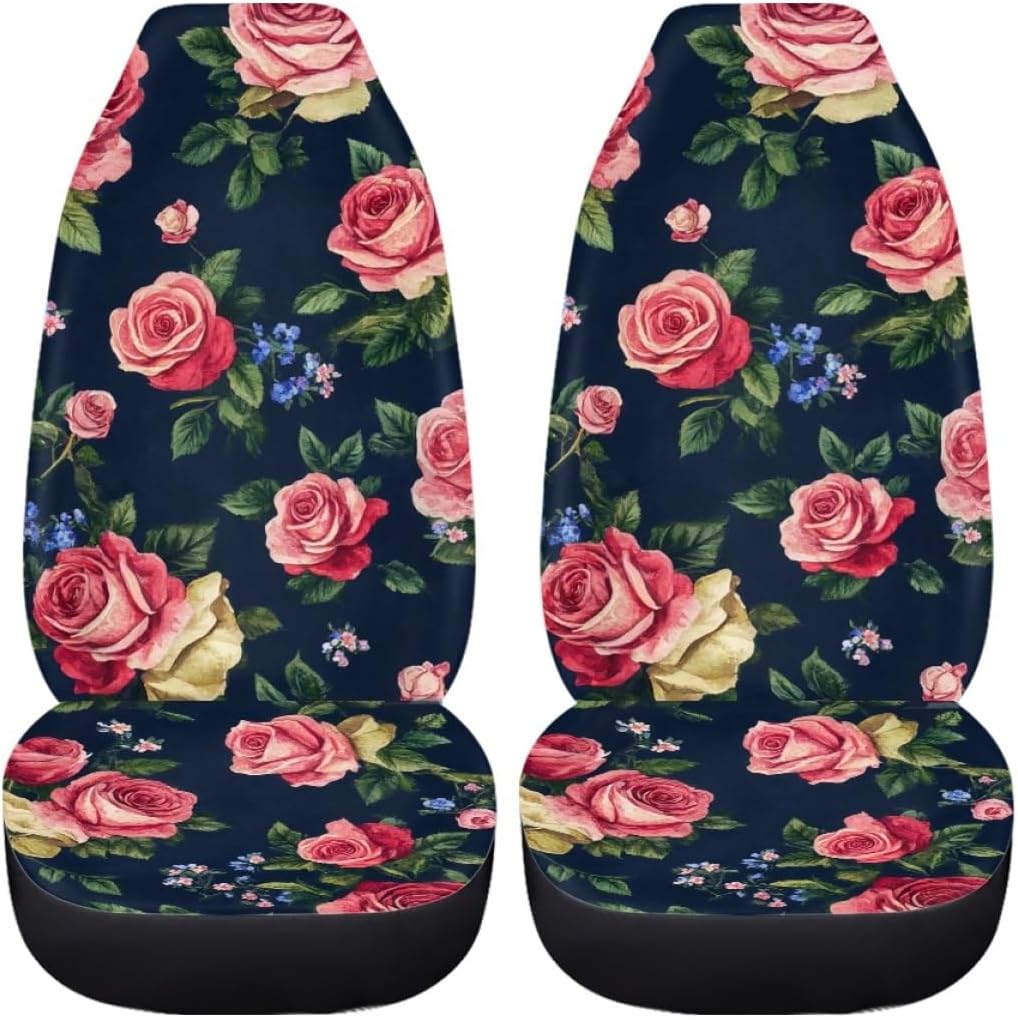 Pehede Car Seat Cover Pink Yellow Roses Front for Cars, Easy to Install Cover Set, Accessories Auto Trucks Van SUV,2 Packs