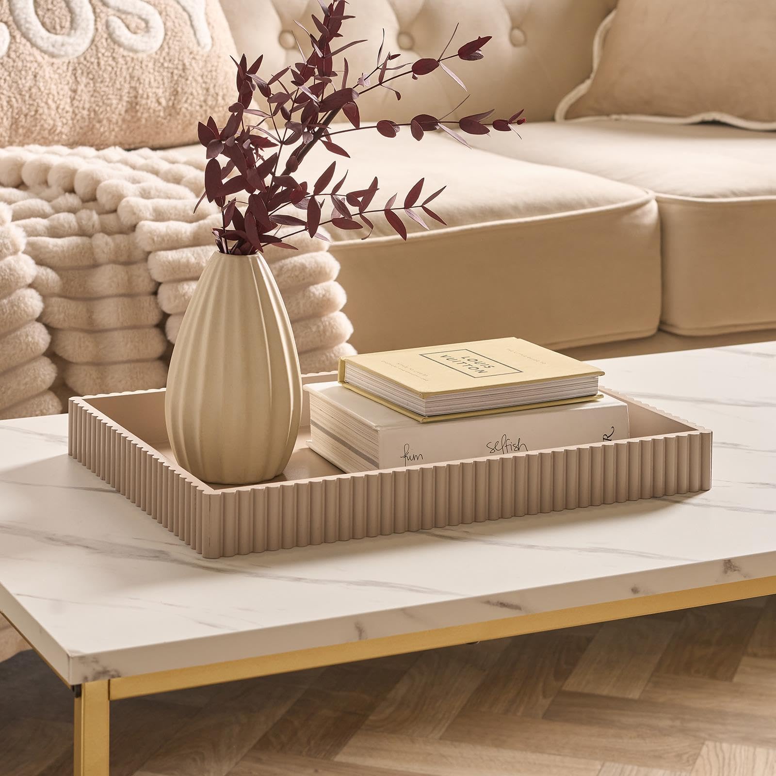 OHS Rectangle Decorative Tray, Ribbed Coffee Table Tray Modern Centrepiece Decoration Kitchen Counter Candle Holder Plastic Organiser Accessory Trays, Natural