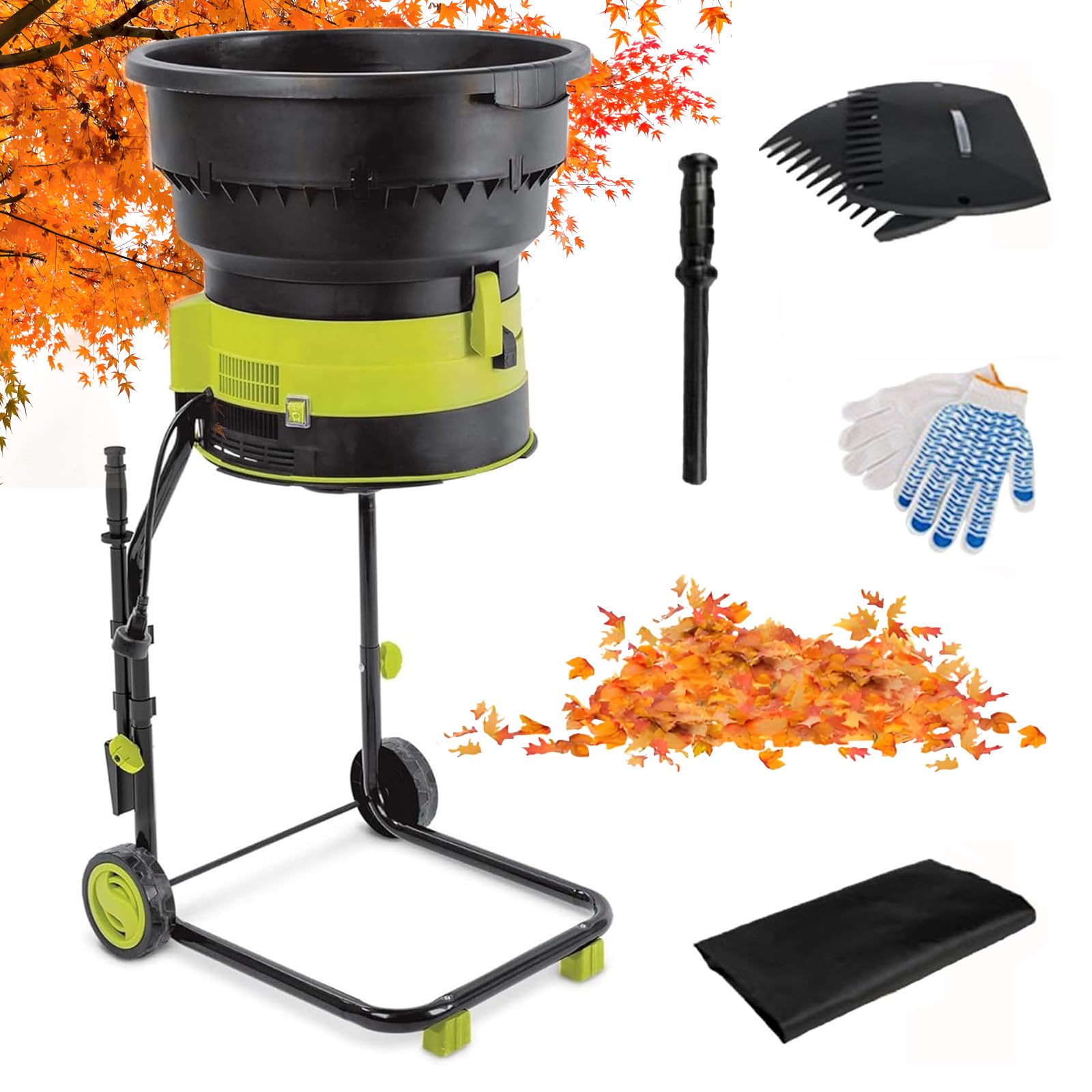 Trituradora De Compost Eléctrica De 2500 W, Trituradora De Hojas De Jardín Sin Aspas, con Ruedas Y Bolsas De Almacenamiento, Herramientas De Limpieza para Jardín(Sin cable de alimentación)