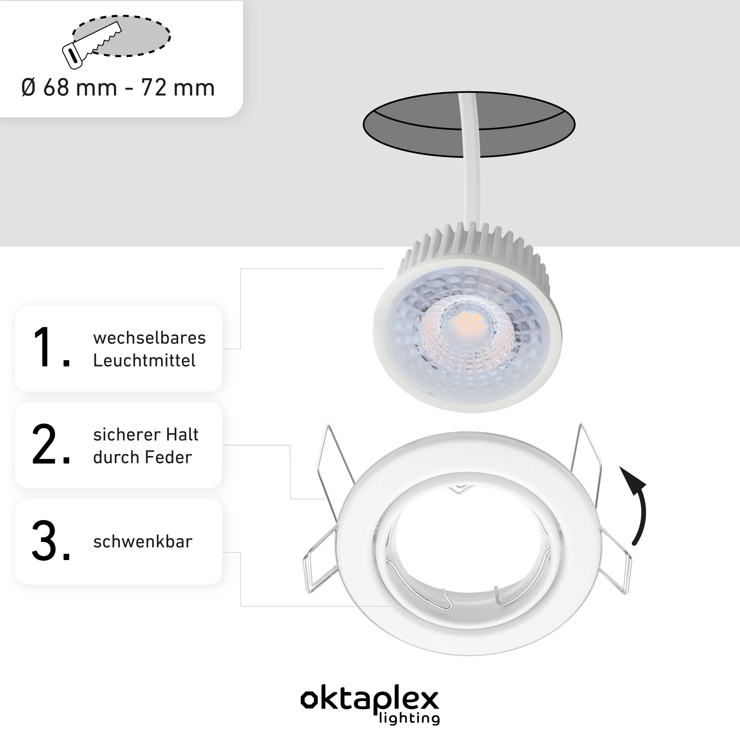 Oktaplex 12x Set Dijon LED Spots 230V 3-Step dimmbar schwenkbar flach | 22mm Einbautiefe, Warmweiß 2700K, Lochmaß 68mm, 4,8W, 380lm, 110°, Einbaustrahler Weiß, rund