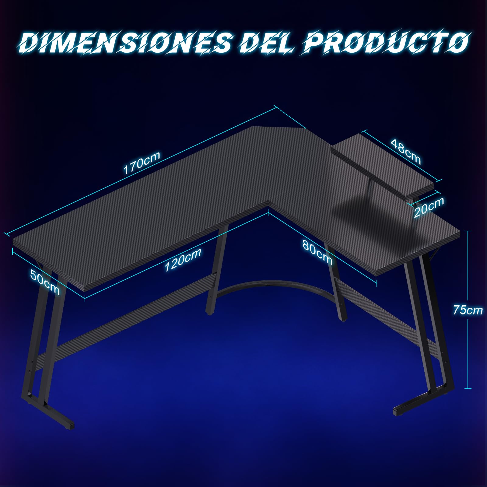 JUMMICO Escritorio Gaming de Esquina 170 x 130cm, Mesa Gaming en L con Soporte para Monitor, Mesa Gamer de Fibra de Carbono, Negro