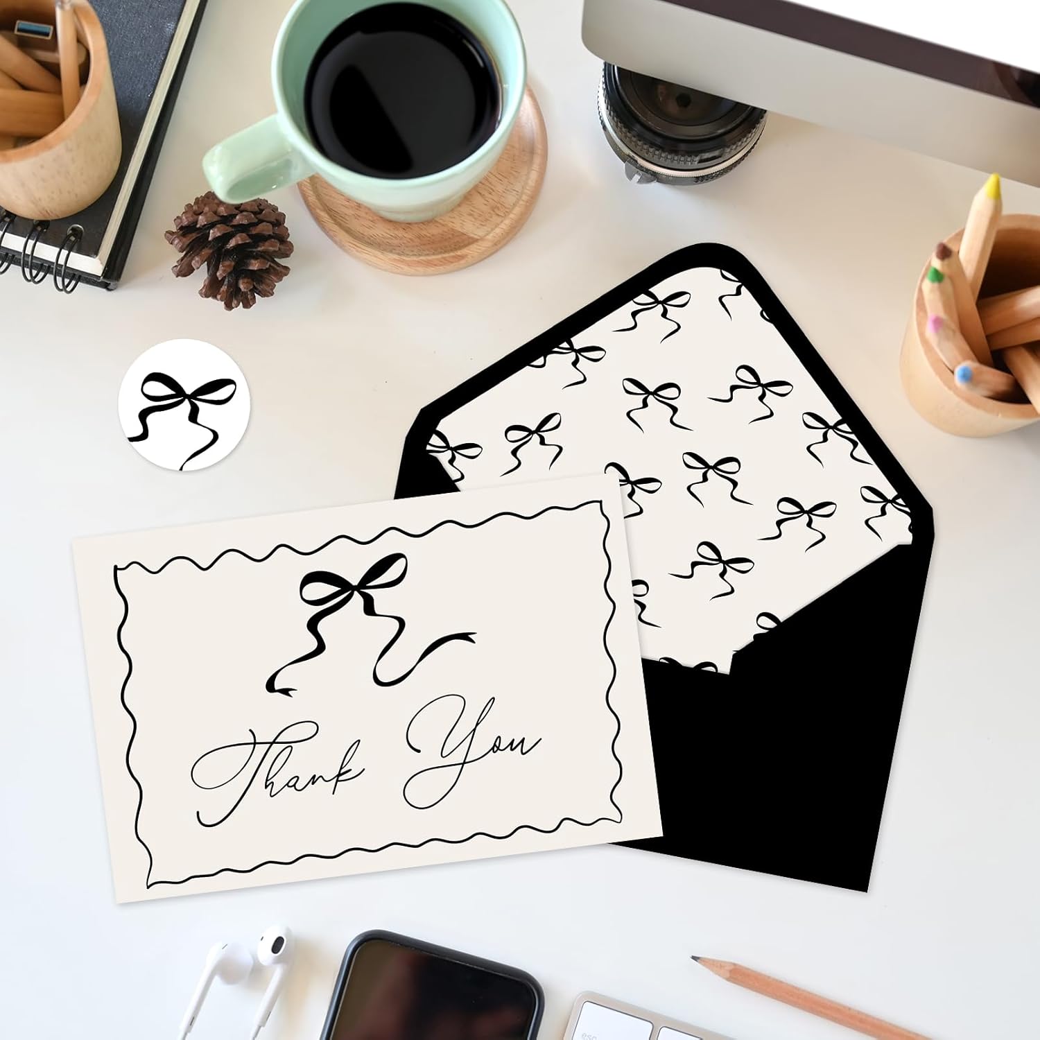 Whaline 24 Pack Bow Thank You Cards Bulk Black Bowknot Note Cards with Envelopes Stickers Coquette Greeting Blank Card for Wedding Baby Shower Birthday - Image 5